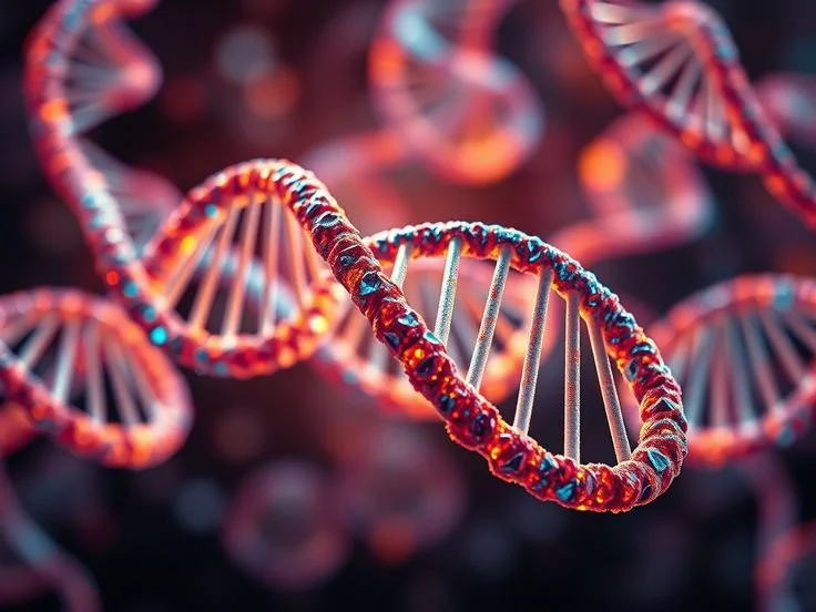 Close-up of a digital illustration of a DNA double helix.