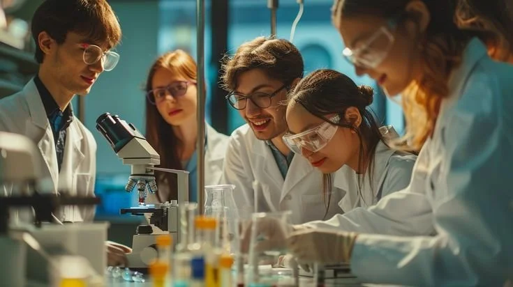 Group of five young scientists working together in a laboratory using microscopes and test tubes.