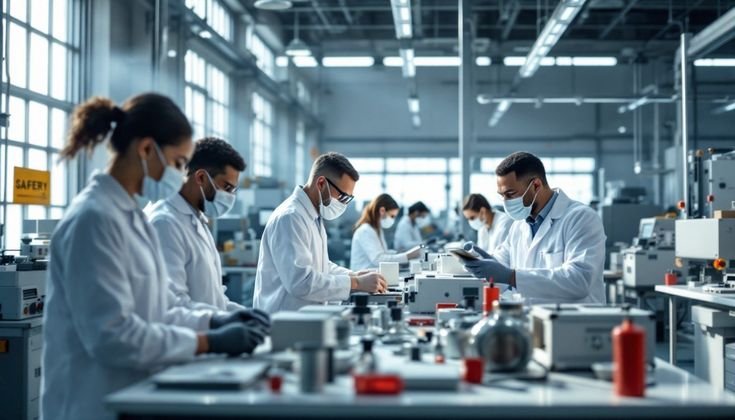 Scientists working in a modern laboratory, wearing white lab coats and face masks, examining equipment and conducting experiments.