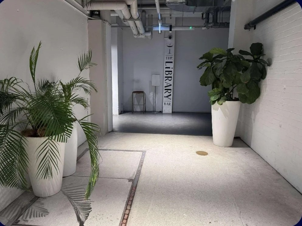 Entrance to a library bar with white walls, large potted plants, and a sign that reads "The Library Bar" at the back.