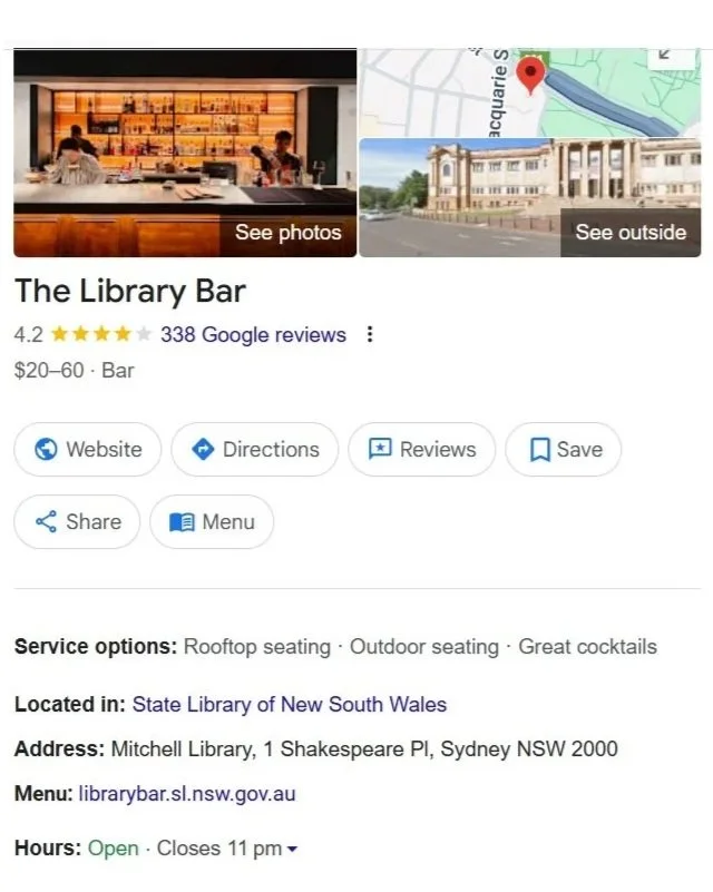 Screenshot of The Library Bar's Google business profile showing interior bar view, map location, and exterior building photo. Includes options for website, directions, reviews, save, share, menu, and details about service options, location, address, 