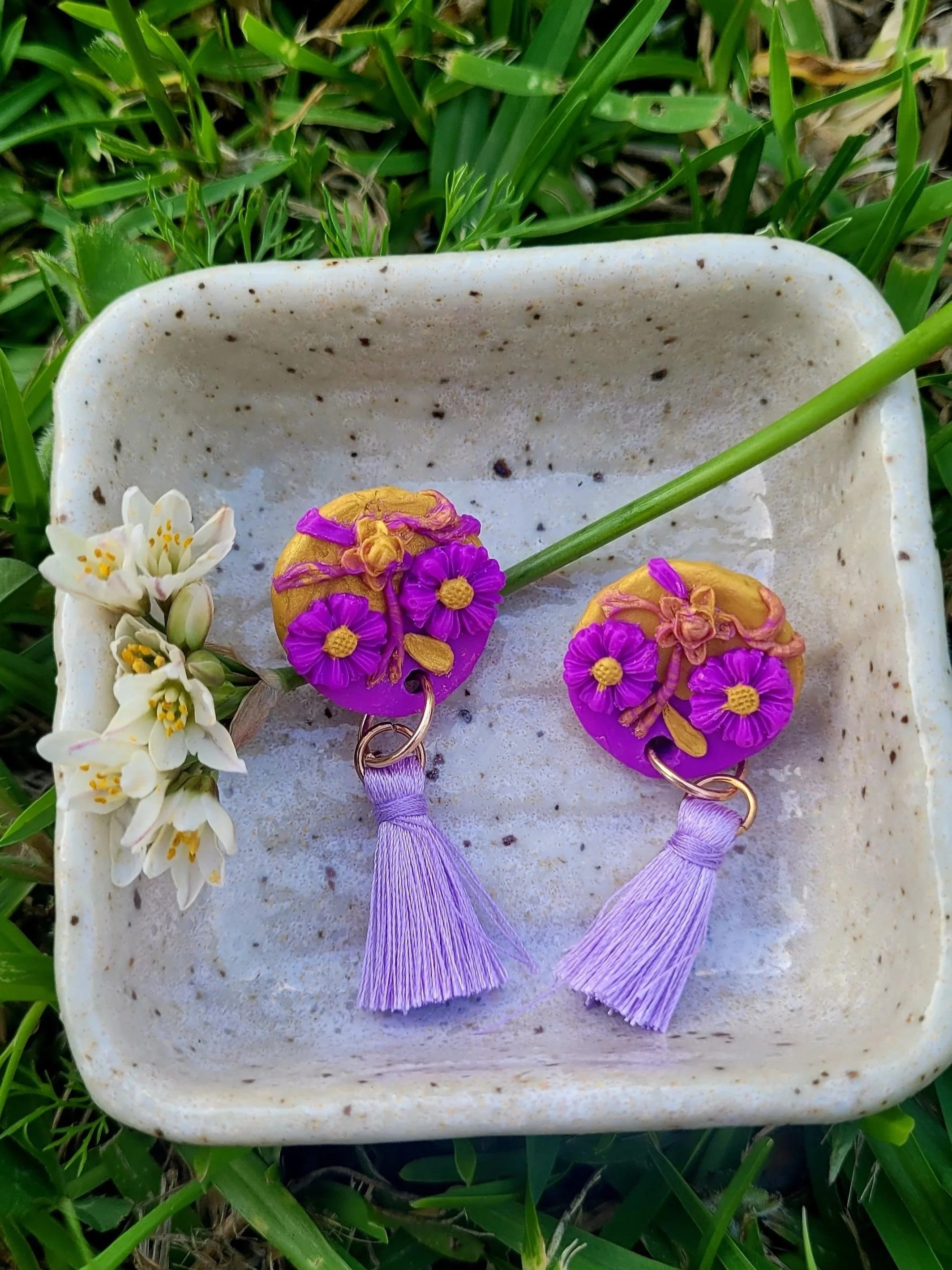 Floral Purple and Gold Earrings with Tassel