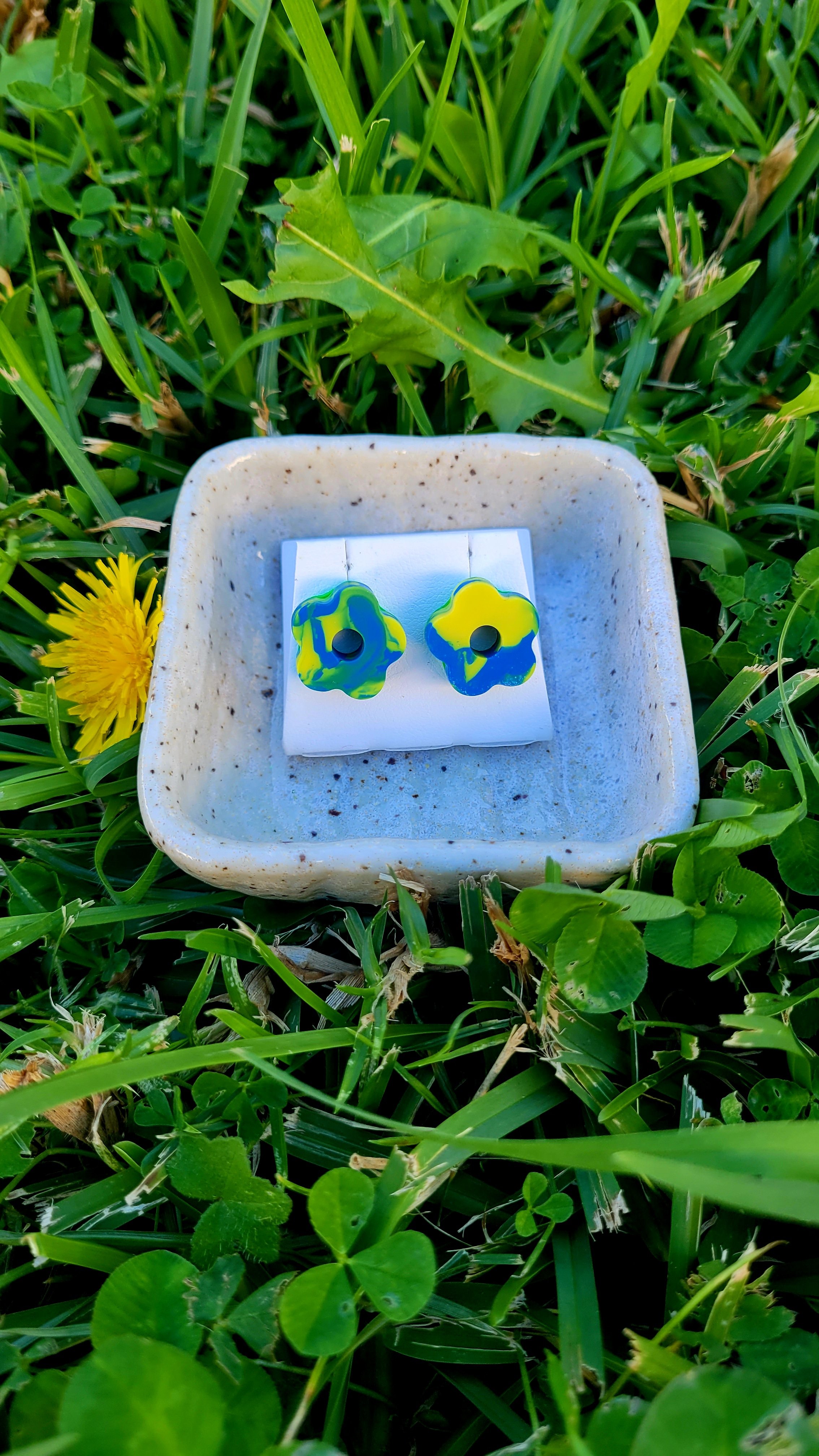 Blue and Yellow Marbled Flower Earrings
