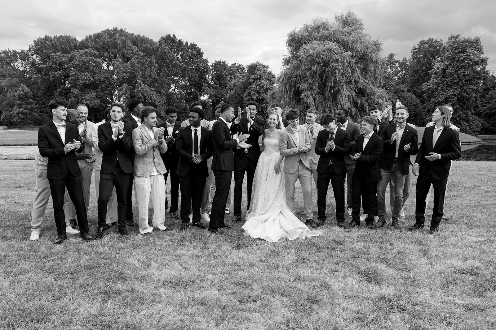 Garden reception with family and friends at an elegant European castle wedding