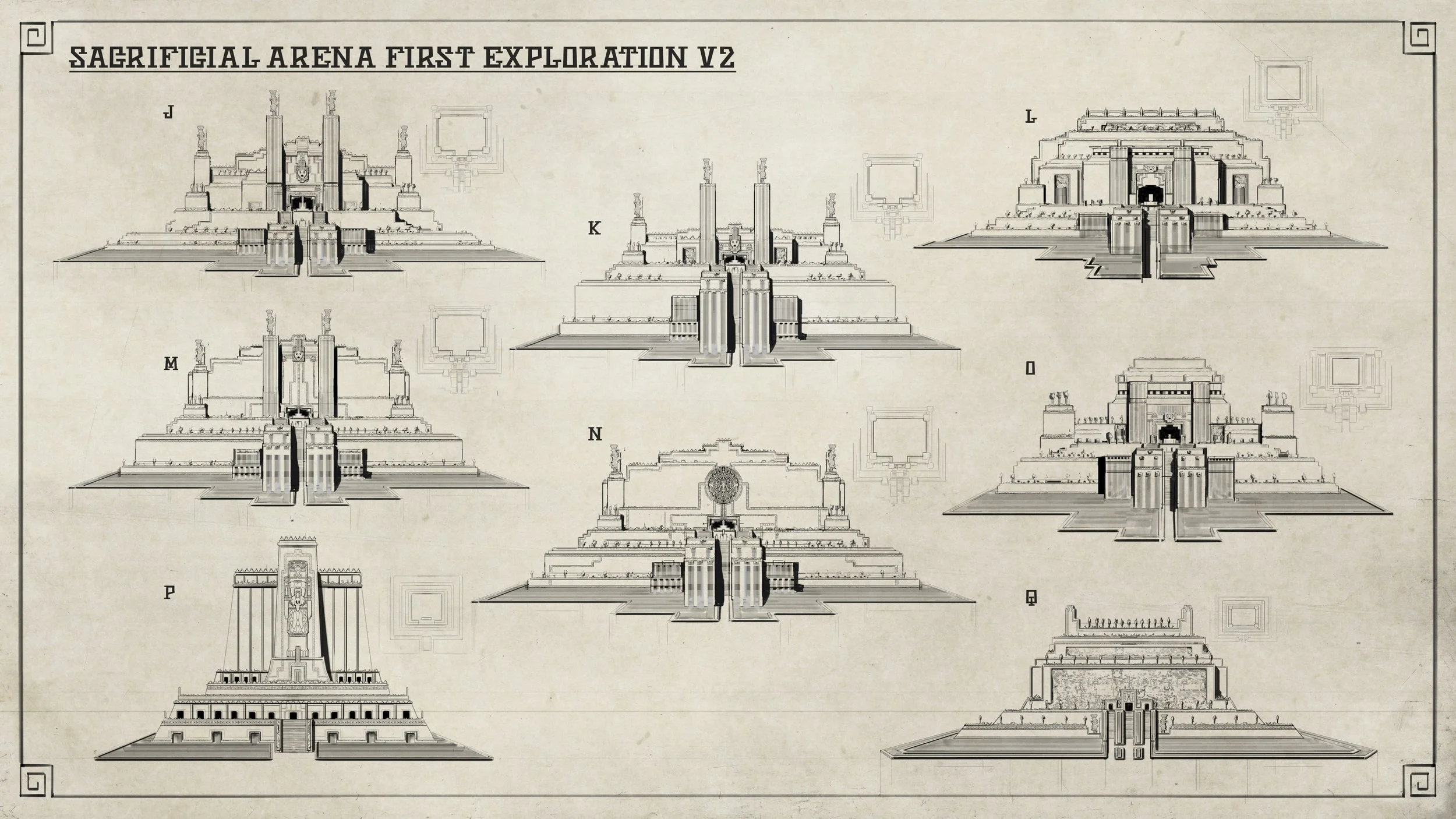 Blueprint-style architectural drawings of a large staircase and building labeled 'Sacrificial Arena First Exploration V2' with nine different views or variations, each marked with letters J to Q.