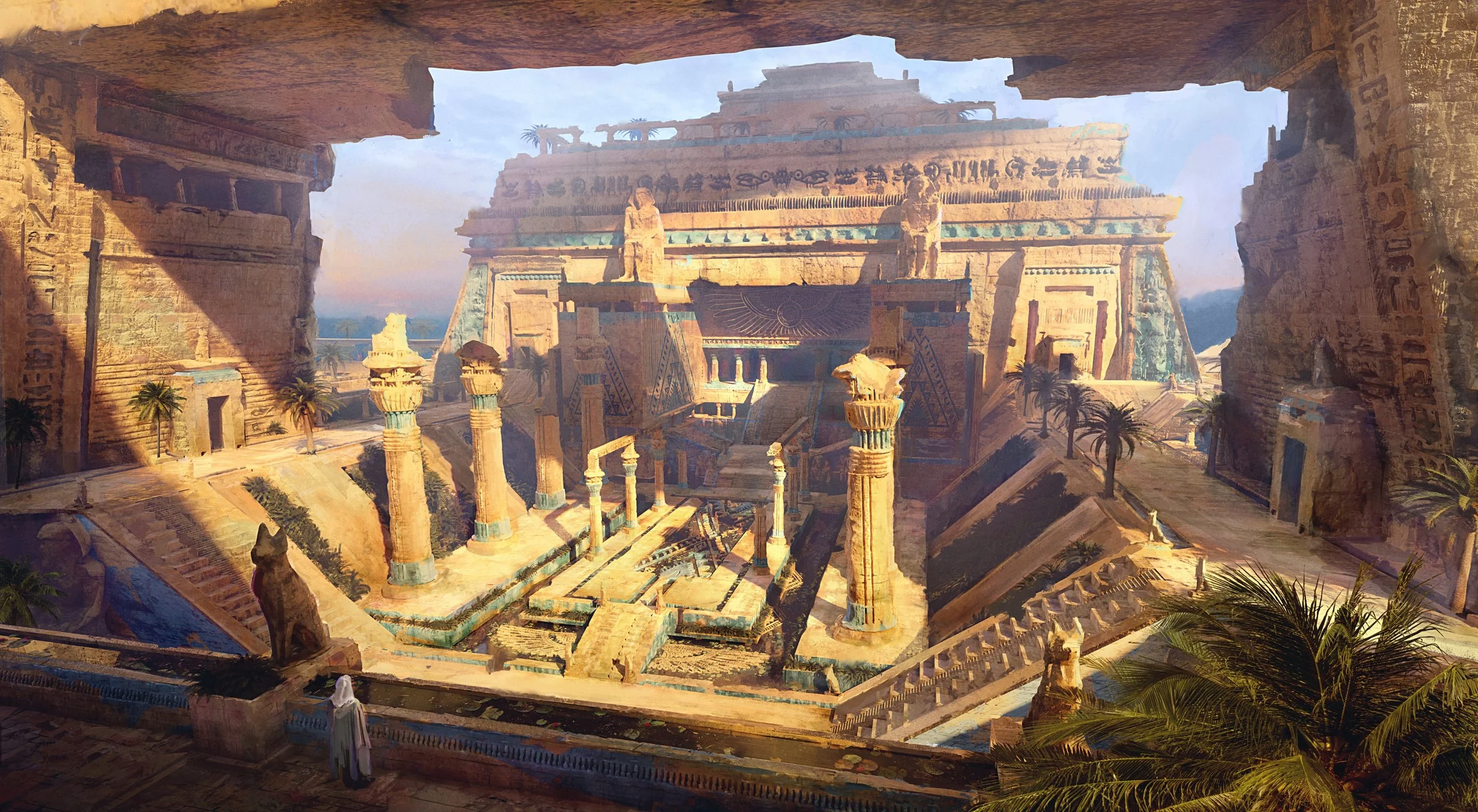 A detailed ancient Egyptian temple with large columns, statues, and hieroglyphics, surrounded by palm trees, with a person in white clothing walking near the entrance.