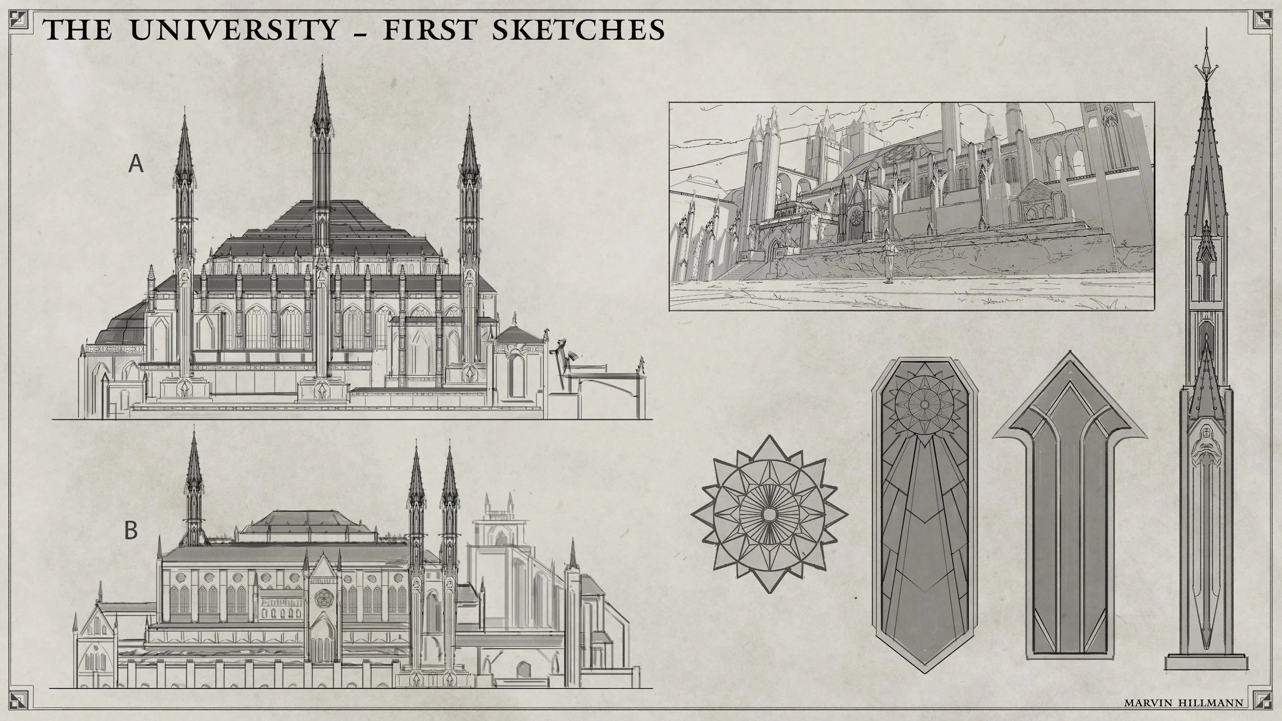Blueprint sketches of a Gothic-style university building, showing exterior views with towers and windows, a detailed stained glass window design, and architectural elements like spires and arches. The title reads "The University - First Sketches" and