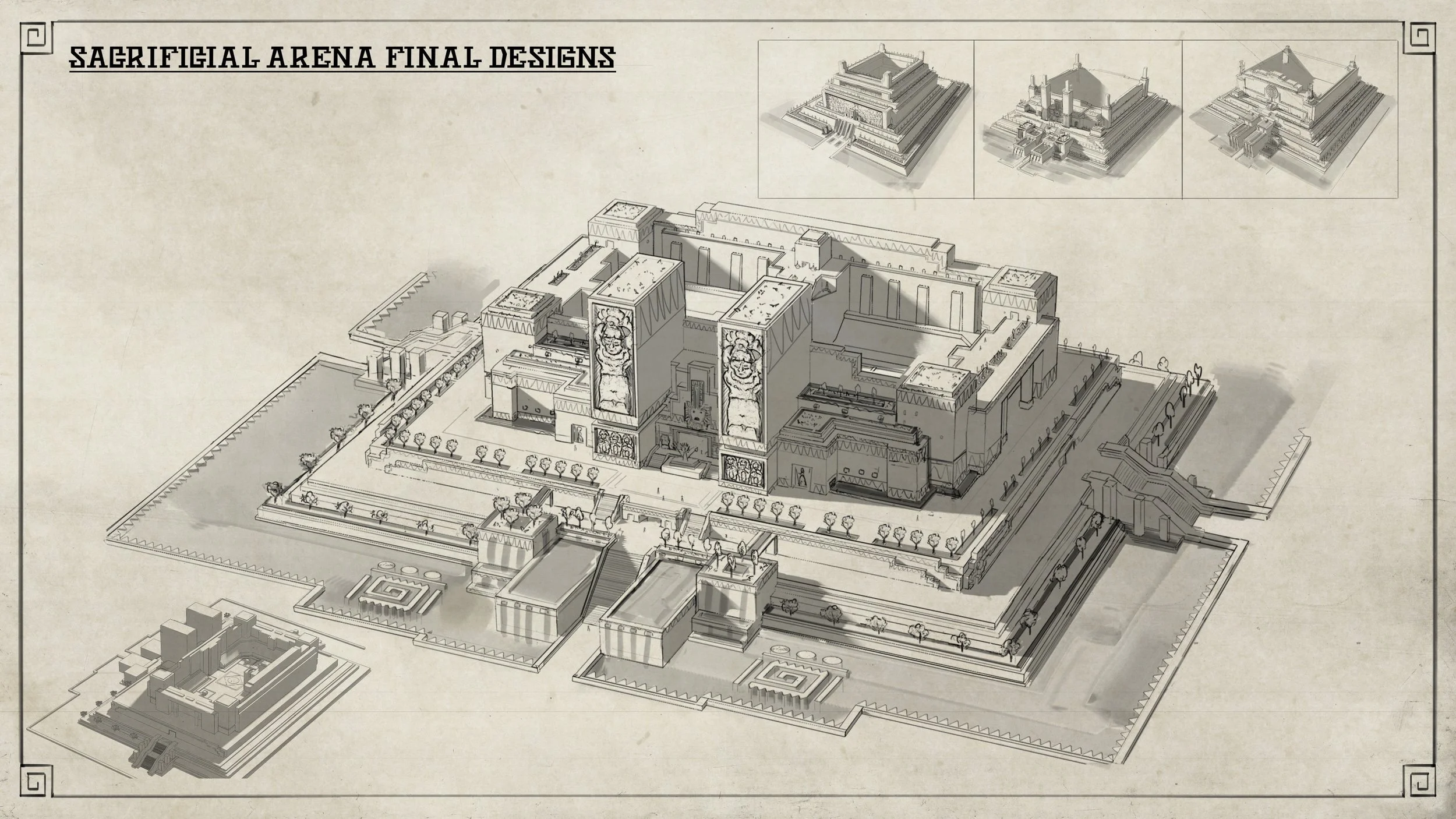 Architectural blueprint of a large, tiered Asian-style temple or palace with gardens, trees, and detailed entrances.