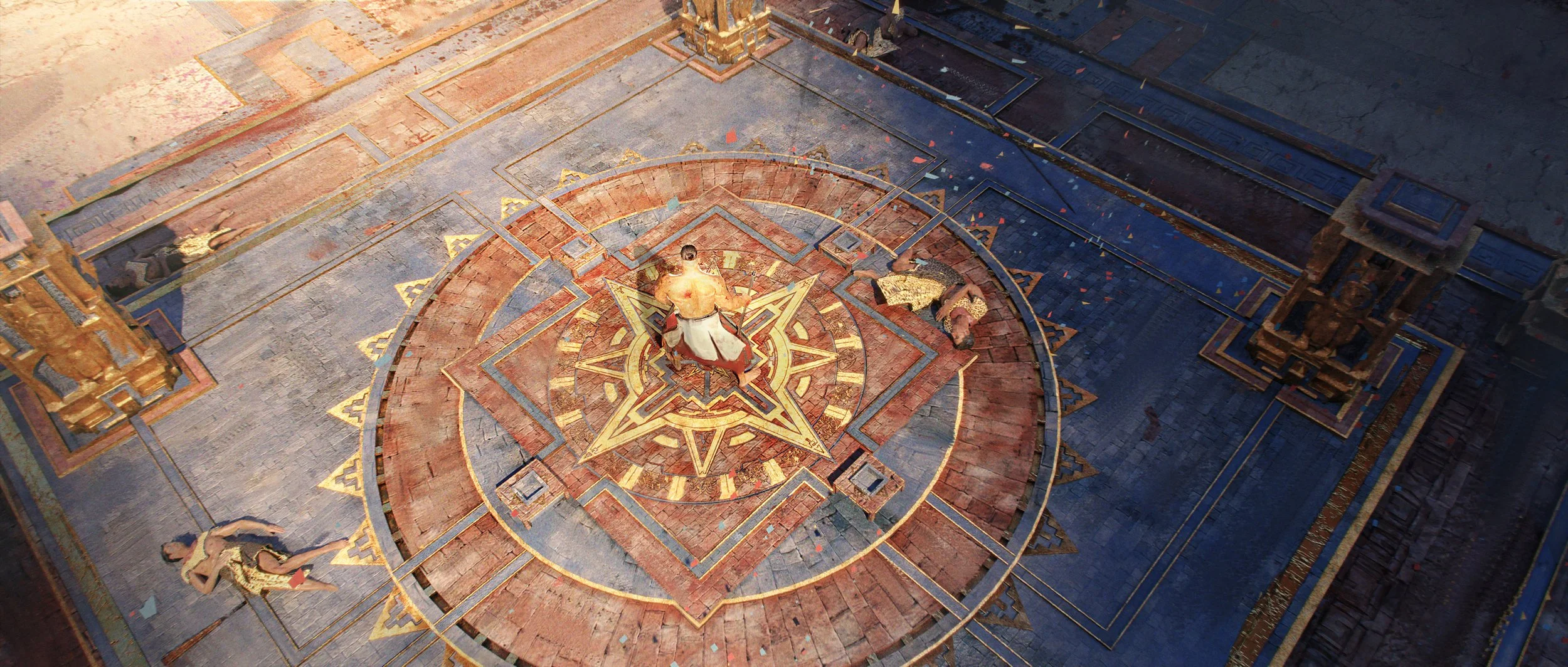 An overhead view of a man with a bare chest and white skirt standing on an intricate, colorful floor with gold and blue patterns. Three other figures are lying on the ground nearby, and there are ornate golden pillars at the edges of the scene.