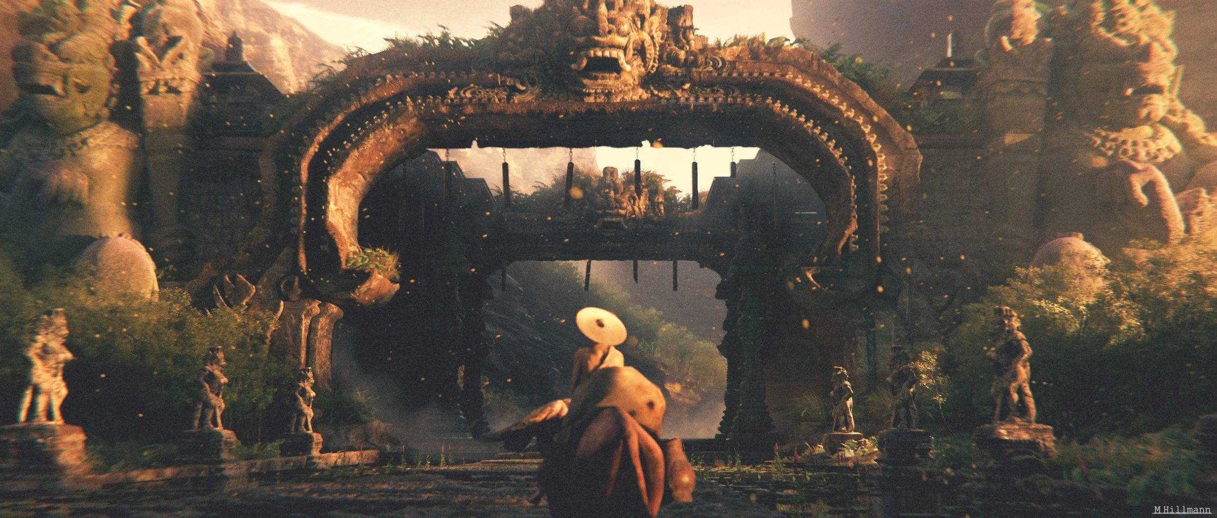 Ancient temple entrance with large dragon head archway, stone statues of warriors and deities, lush greenery, and a person wearing a conical hat sitting in front, surrounded by a misty atmosphere.
