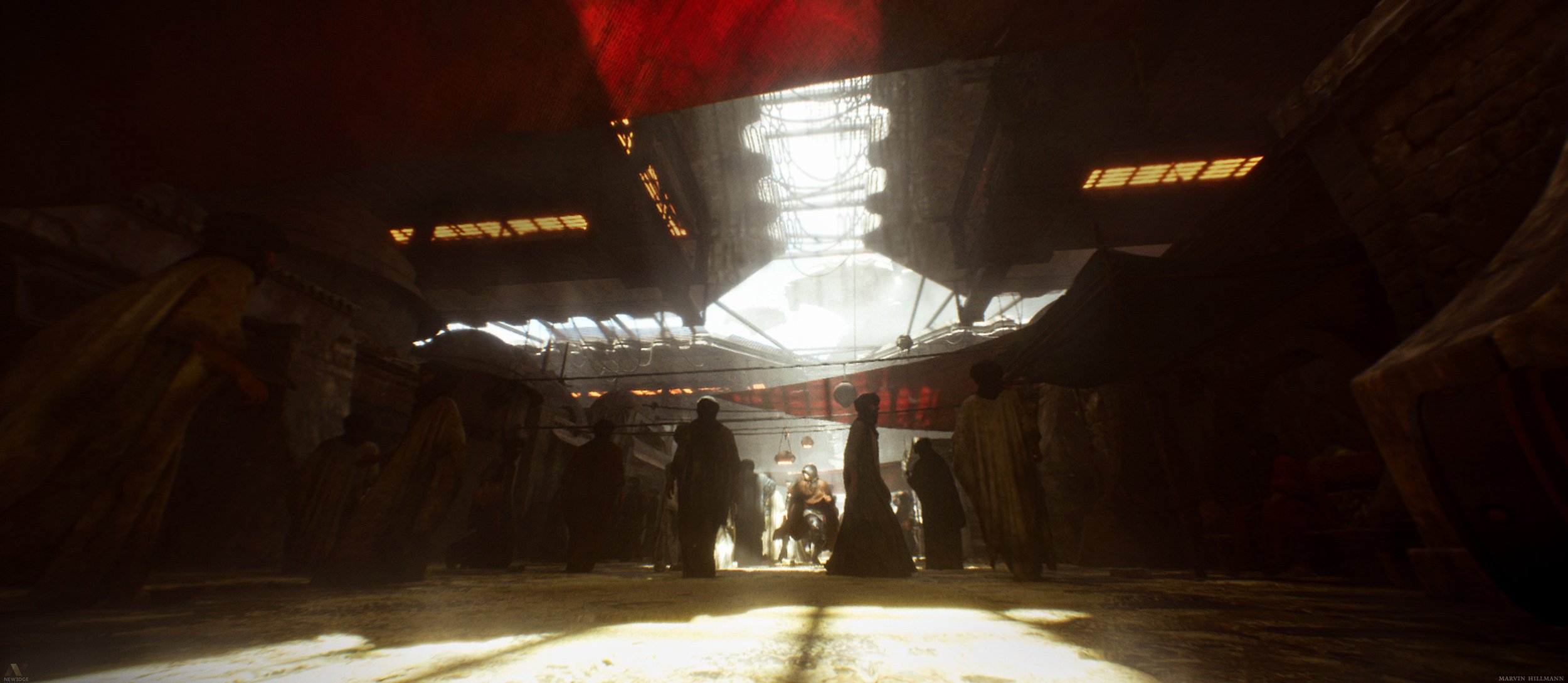 Dark underground market scene with silhouettes of people, illuminated by a bright light at the tunnel's end, surrounded by makeshift stalls and hanging wires.