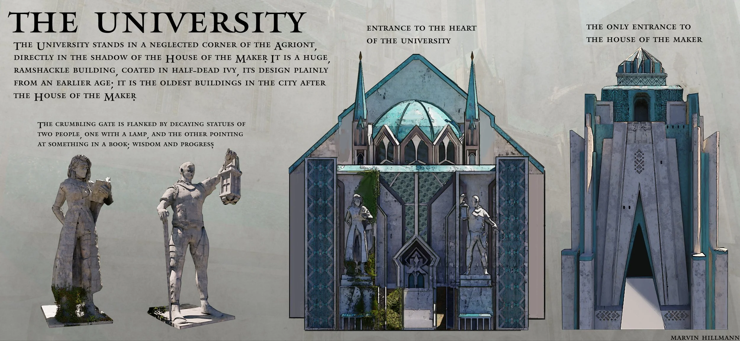 An illustrated informational display about a fictional university, featuring images of statues, architectural drawings, and descriptions of the university's history and buildings.
