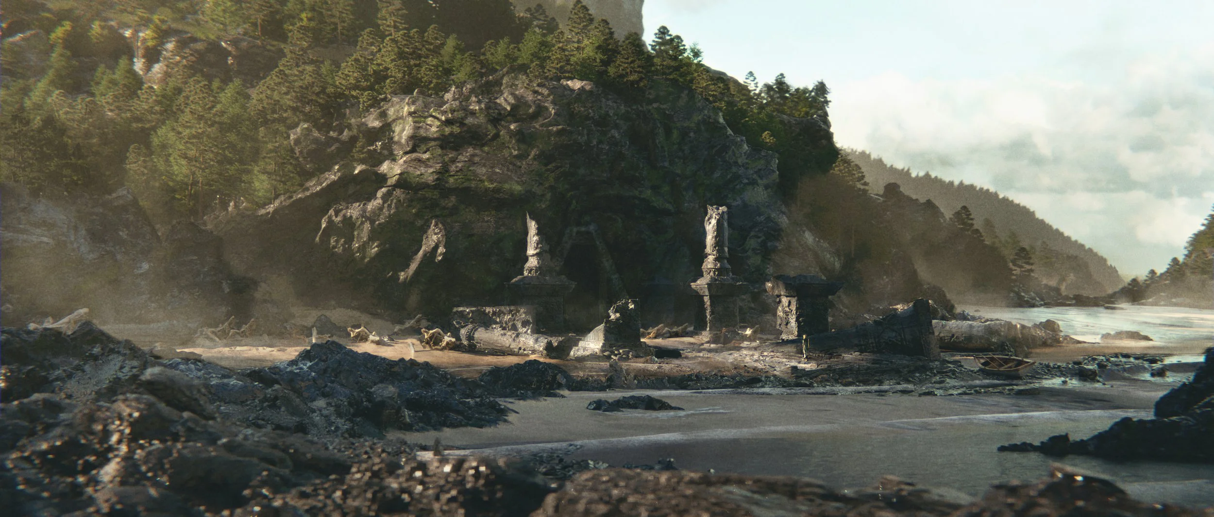 A rocky shoreline with a cave opening in a cliff face, surrounded by dense trees and mountains in the background, with a boat near the shore.