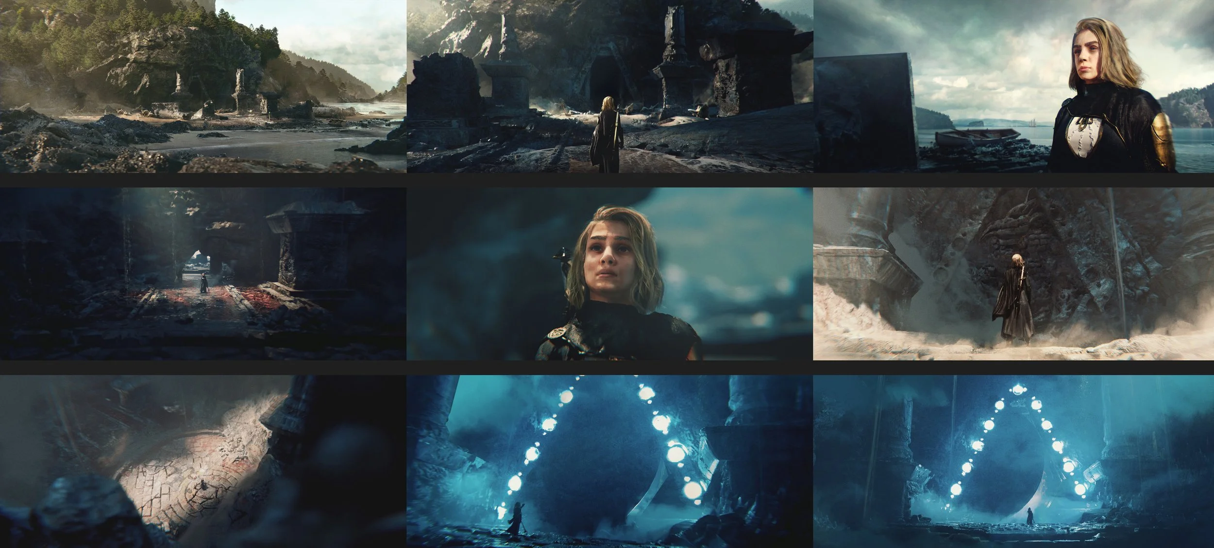 A collage of scenes from a fantasy or sci-fi film, featuring a woman with blonde hair in different settings: a rocky coastline, an ancient temple, and a mysterious underground cavern with glowing lights.