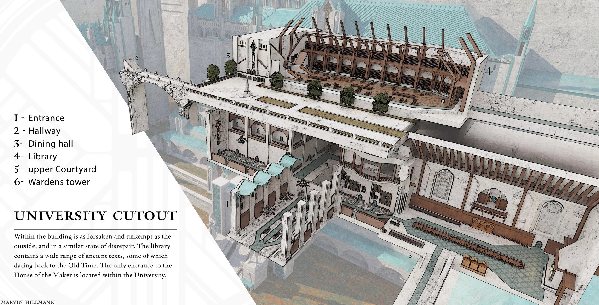 A detailed architectural diagram of a university building showing various labeled sections including entrance, hallway, dining hall, library, upper courtyard, and wardens tower. The diagram features visible interior spaces such as the library's readi