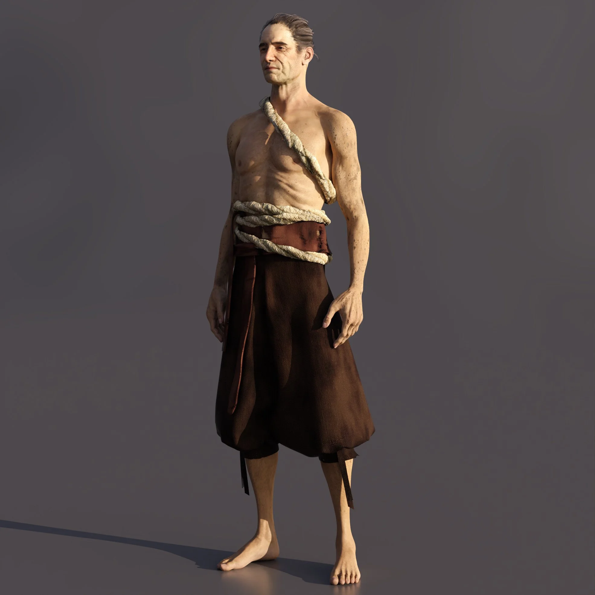 A digitally rendered human figure standing barefoot against a plain gray background, dressed in primitive clothing with a rope wrapped around their torso and waist, and with a serious expression.