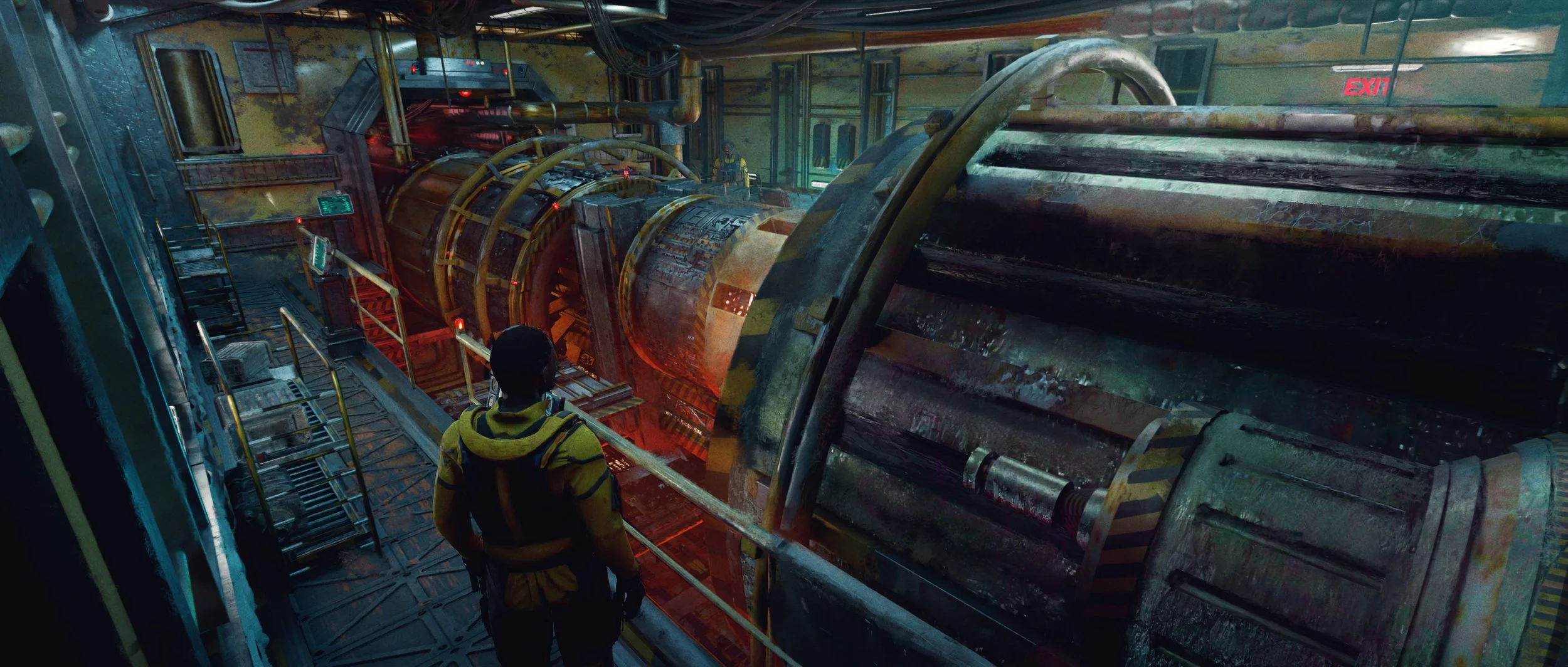 A person in a yellow and black jacket observing a large, industrial machine in a factory or sci-fi setting, with rusted metal and glowing red lights around the machinery.