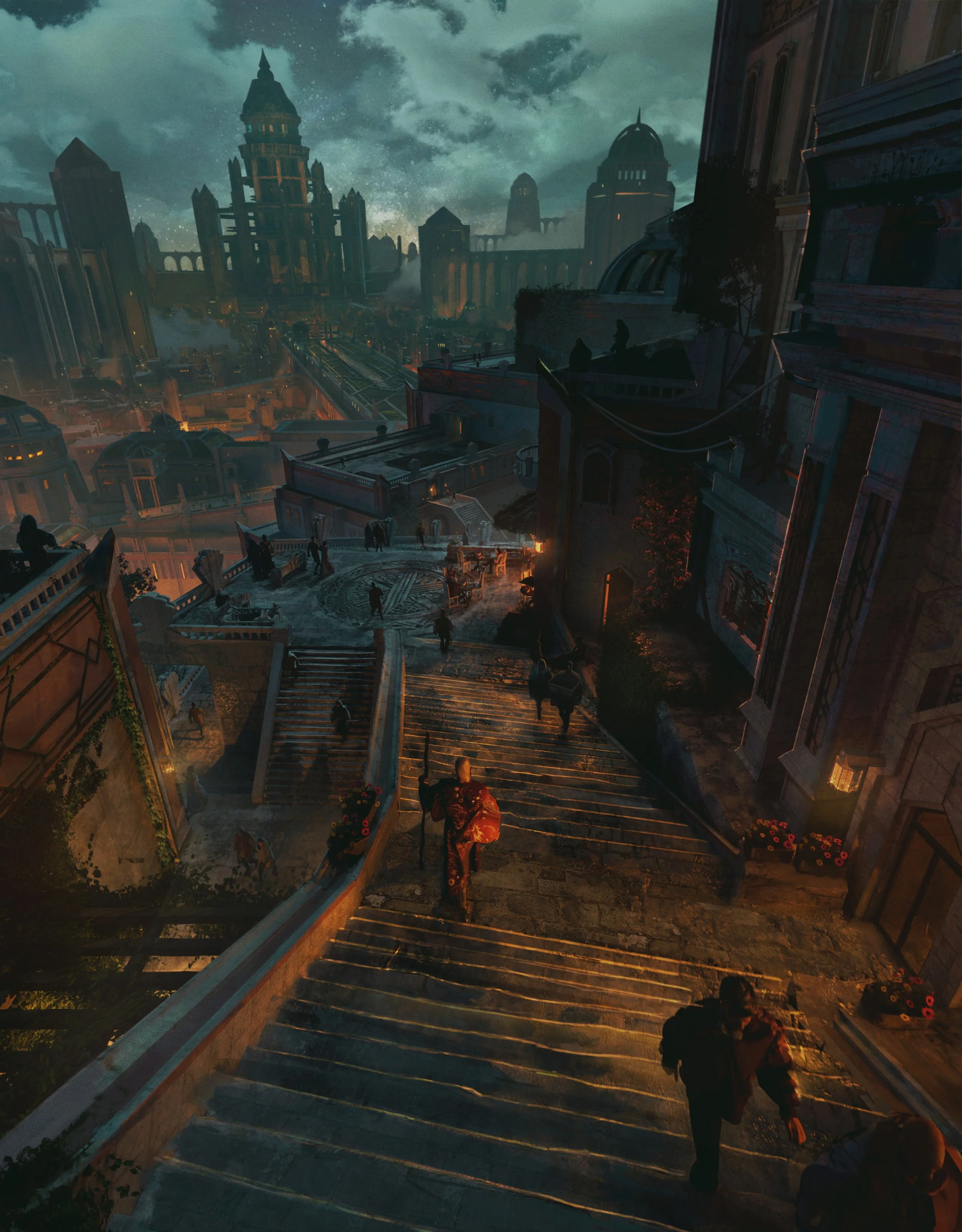 A dark, cityscape with gothic architecture and stairs, with people walking up and down, under a stormy sky with clouds.