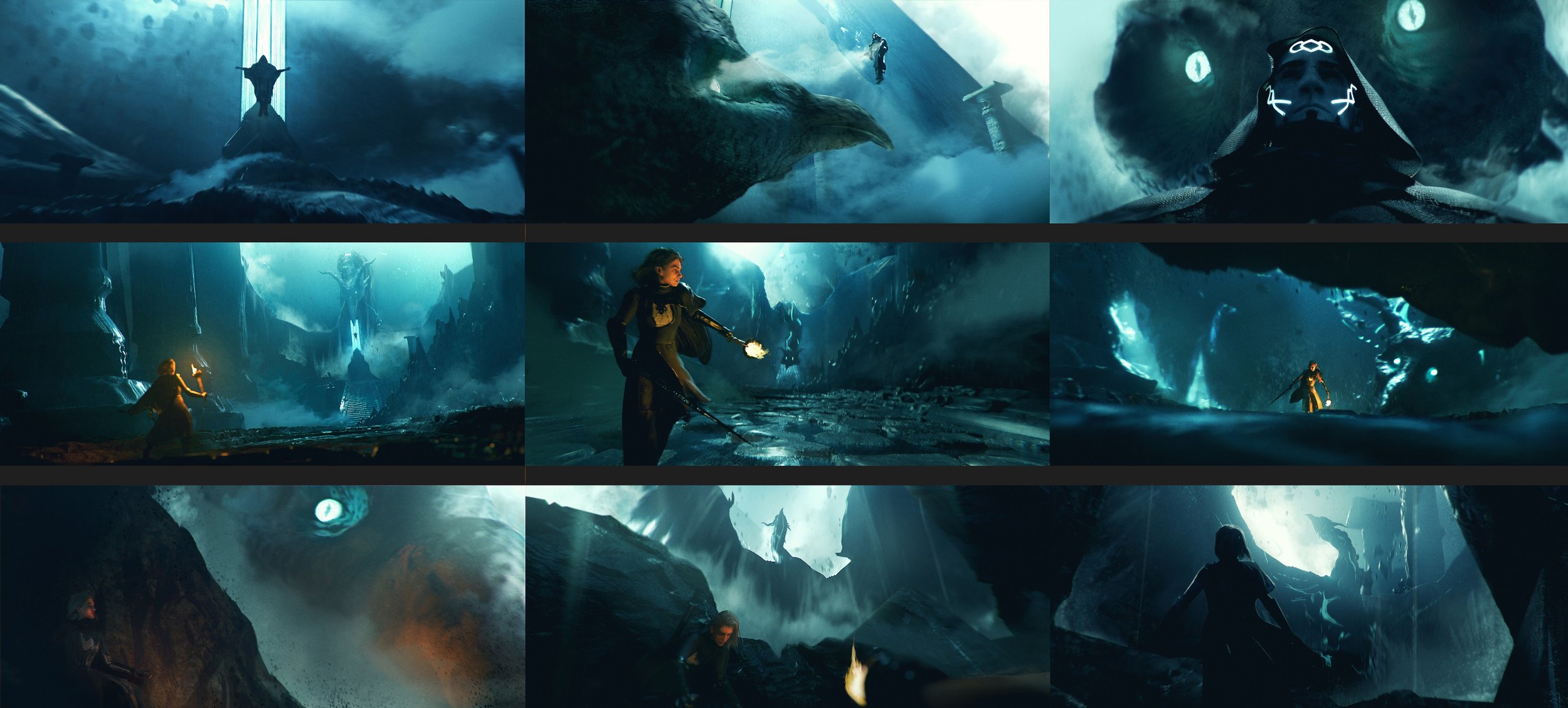 Series of fantasy landscape scenes featuring a large dragon, a person with a torch, and a mysterious hooded figure, with dark, misty caves and ominous skies.