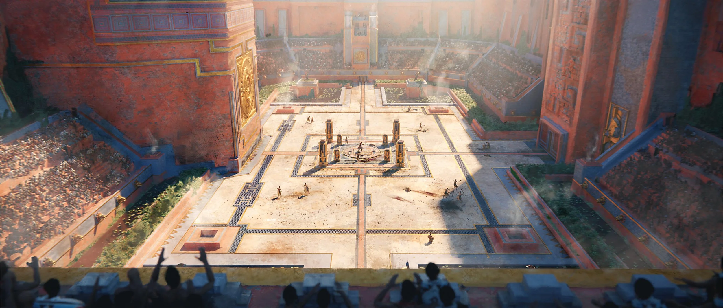 An ancient Roman-style arena with spectators in seats around it, with multiple figures playing a game on the central court, surrounded by tall red brick walls and large golden decorative elements.