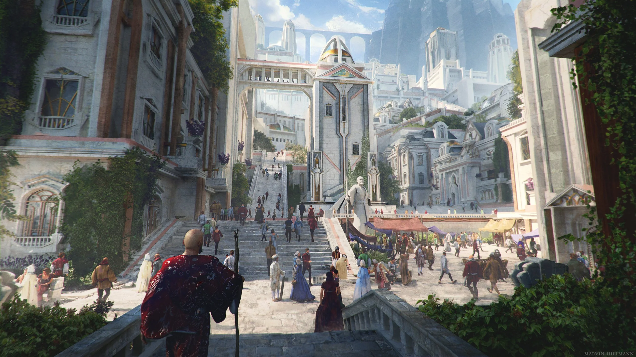 A busy city square with white grand buildings and a large staircase leading up to an elevated area, filled with pedestrians and market stalls.