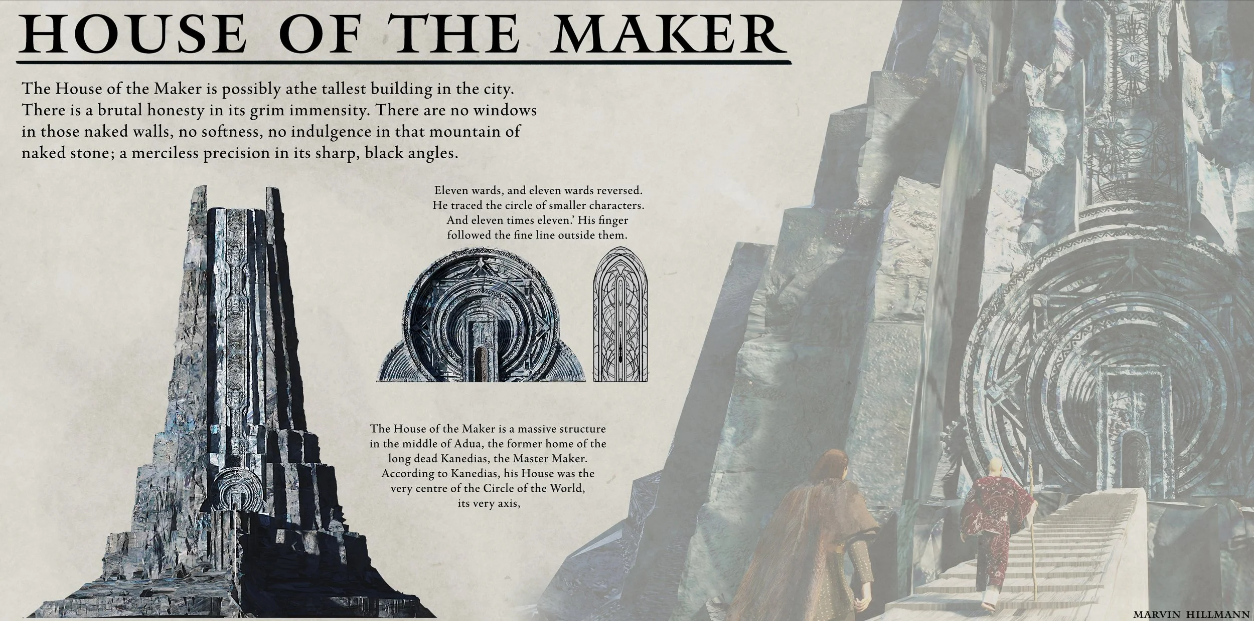 An informational display about the House of the Maker, a massive stone structure with detailed carvings, located in the middle of Adua, featuring illustrations, pictures, and two people climbing stairs toward an entrance.