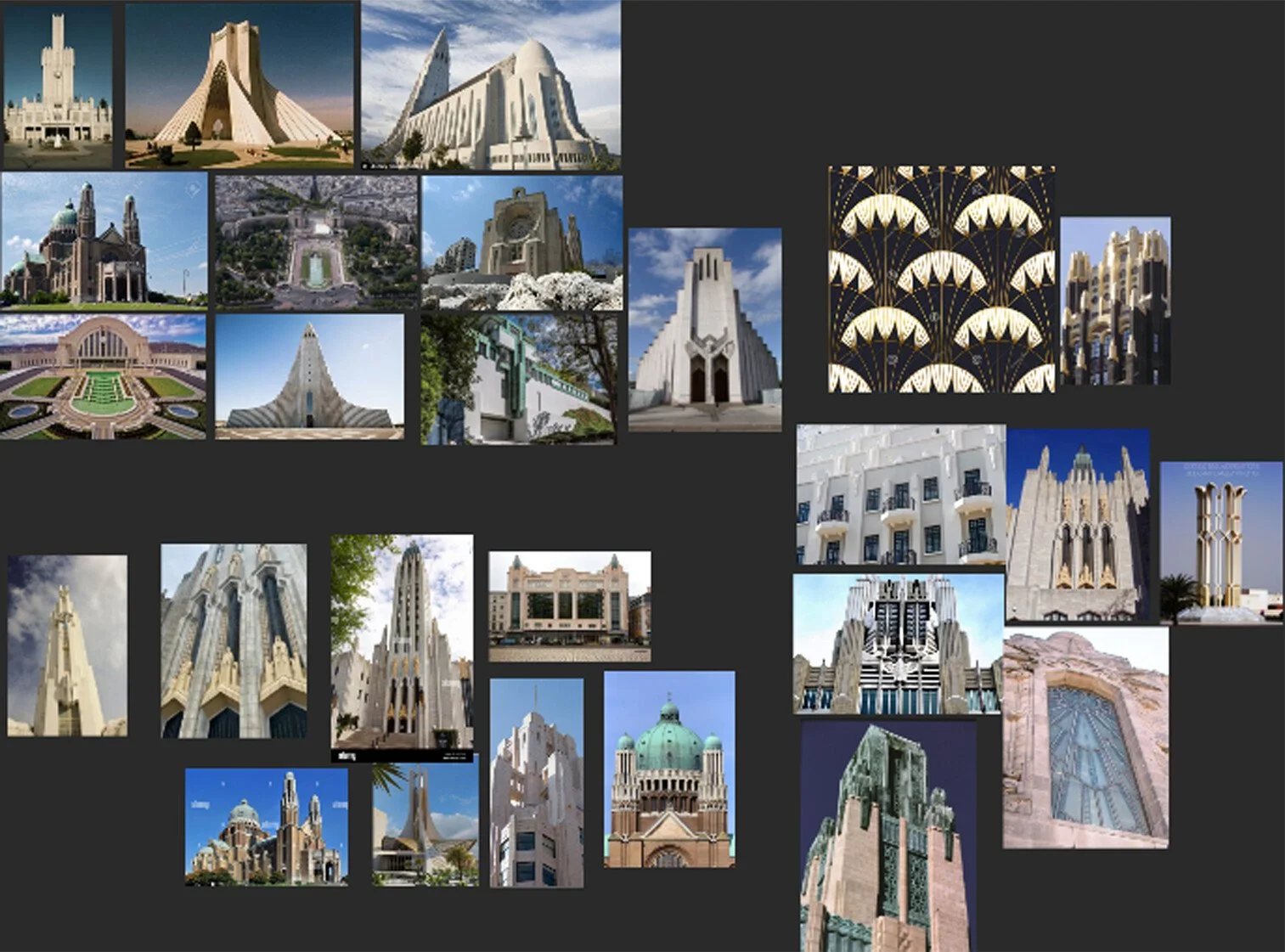 Collage of various modernist and Art Deco architectural buildings, including structures with geometric patterns, skyscrapers, and ornate facades, many of which are located in Barcelona, Spain.