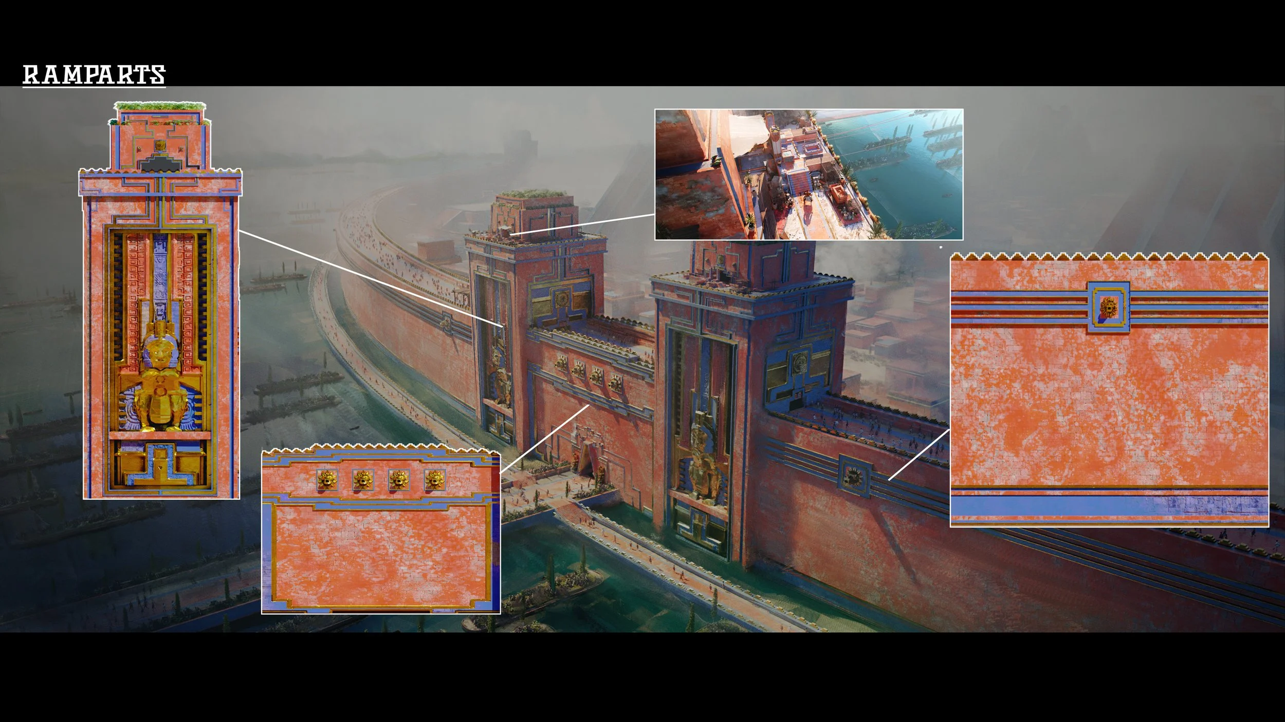 Diagram of the Ram Part wall with detailed close-ups and an aerial view of the ancient city, showing architectural elements and decorations.