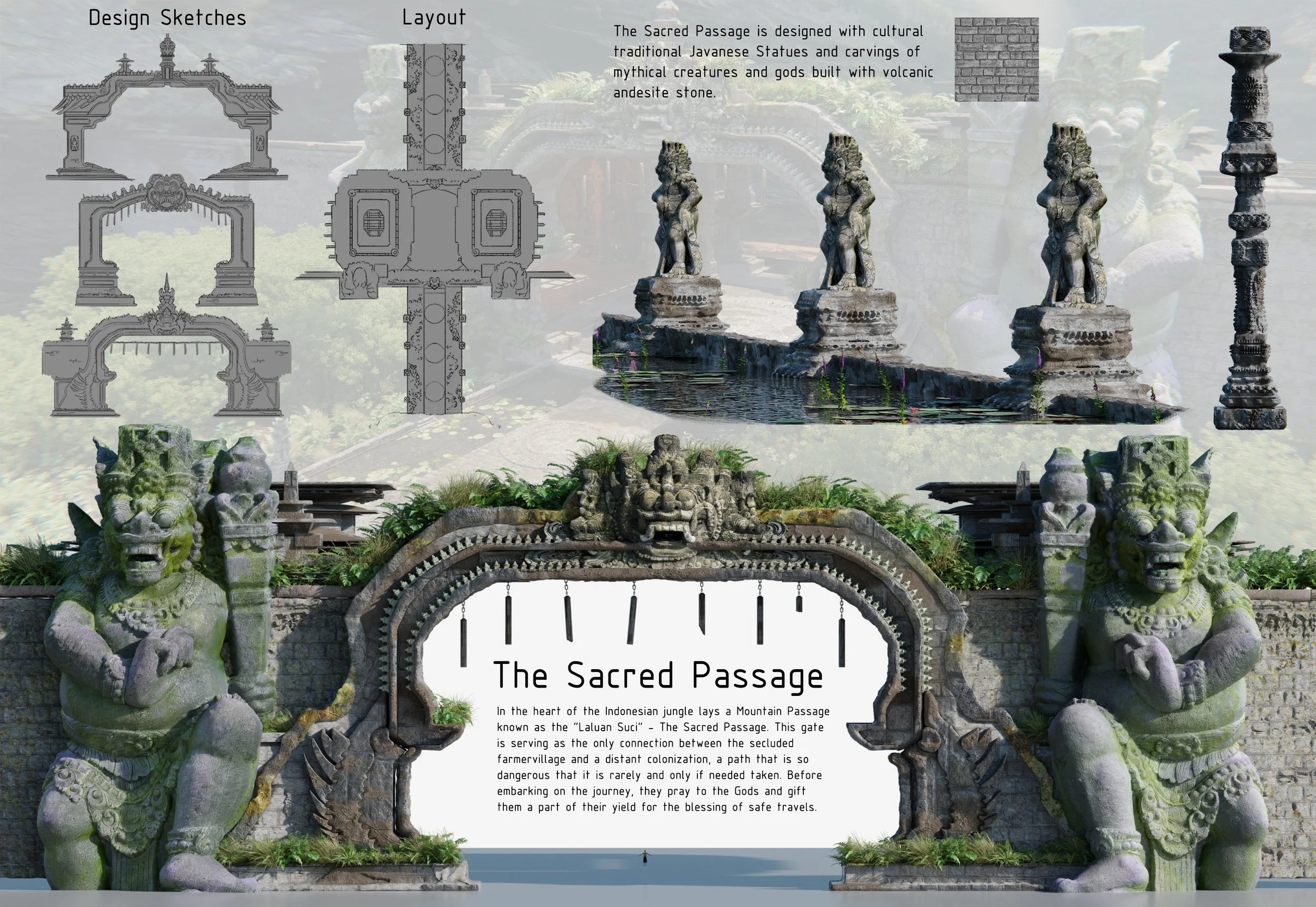 Design sketches and layout plan for the Sacred Passage, a cultural Indonesian gateway featuring traditional Javanese statues, mythical carvings, and volcanic andesite stone details. The image includes stone lion statues guarding the entrance, traditi