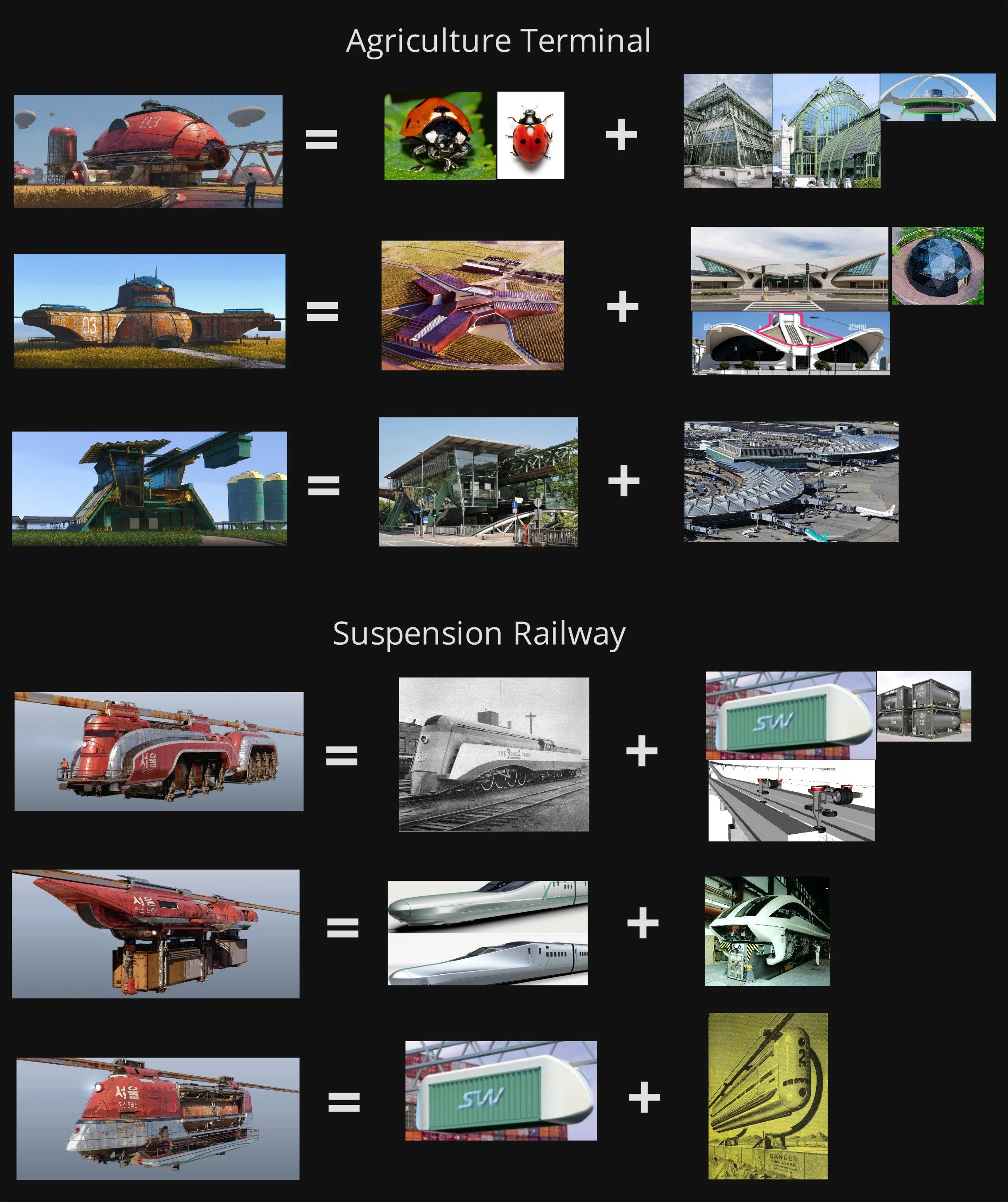 Diagram of transportation and architecture concepts, including an agricultural drone, airport terminals, a suspension railway train, and train images with design and engineering details.