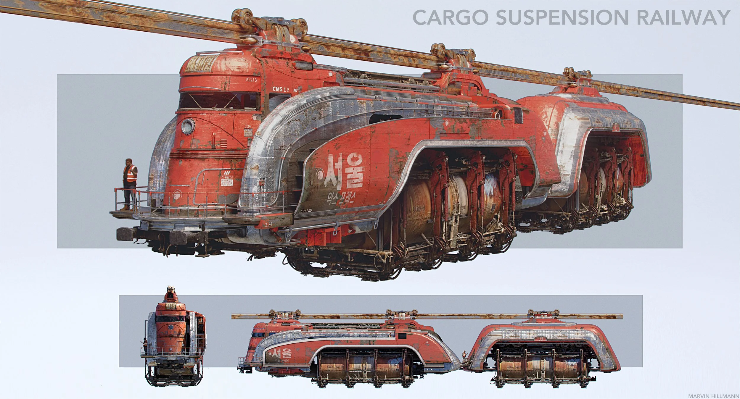A collage of three images showing an old, rusted cargo suspension railway vehicle painted in red and orange. The vehicle is suspended from a rail and has a person in a safety vest standing on a platform at the front. The top image shows a three-quart