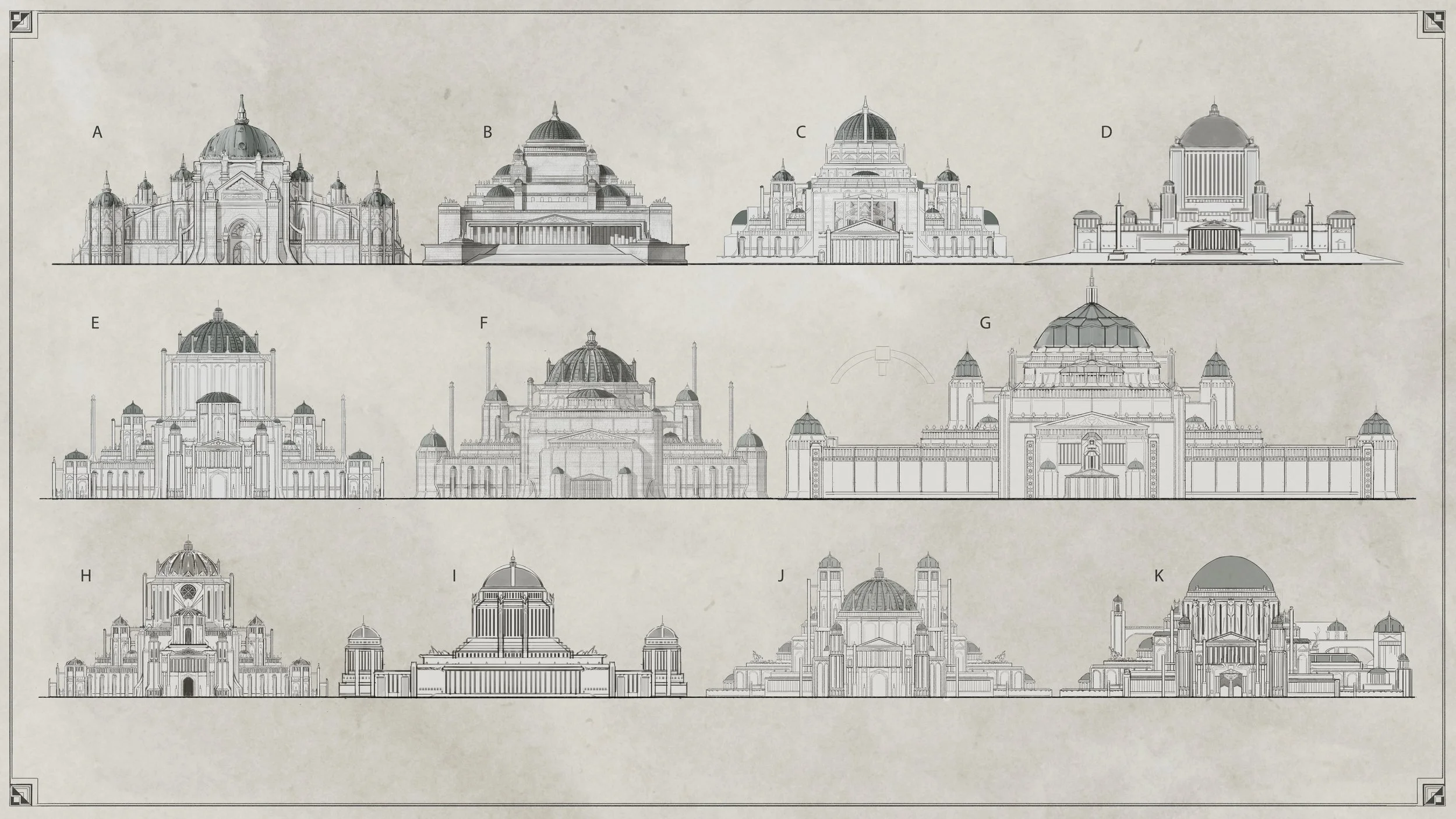 A collection of intricate architectural blueprint drawings of various large, ornate buildings with domes and towers labeled from A to K.