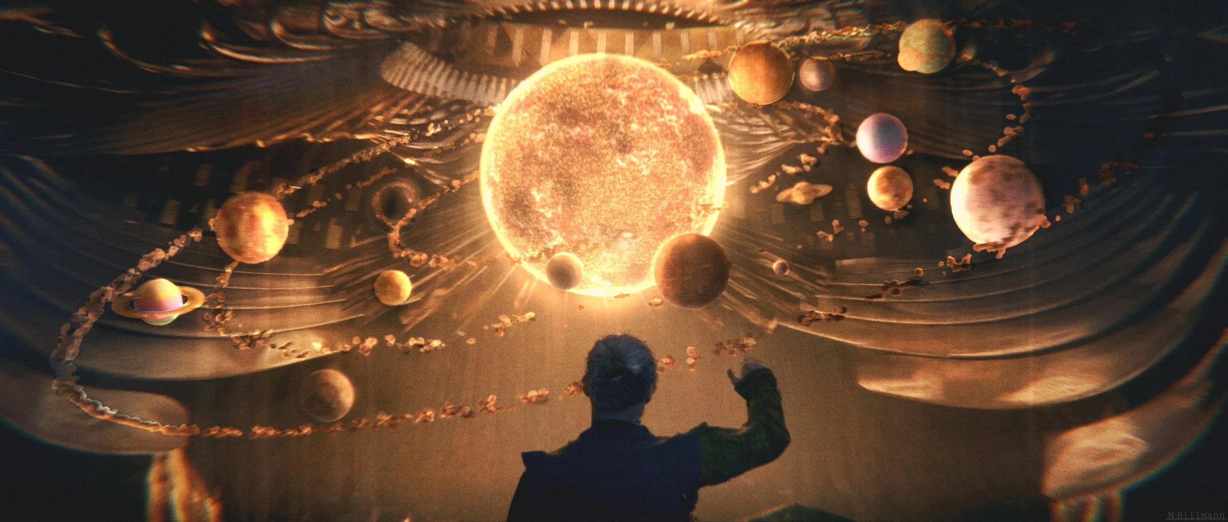 A person is pointing at a large digital display of the solar system, with the Sun and planets depicted in a vibrant, glowing, artistic style.