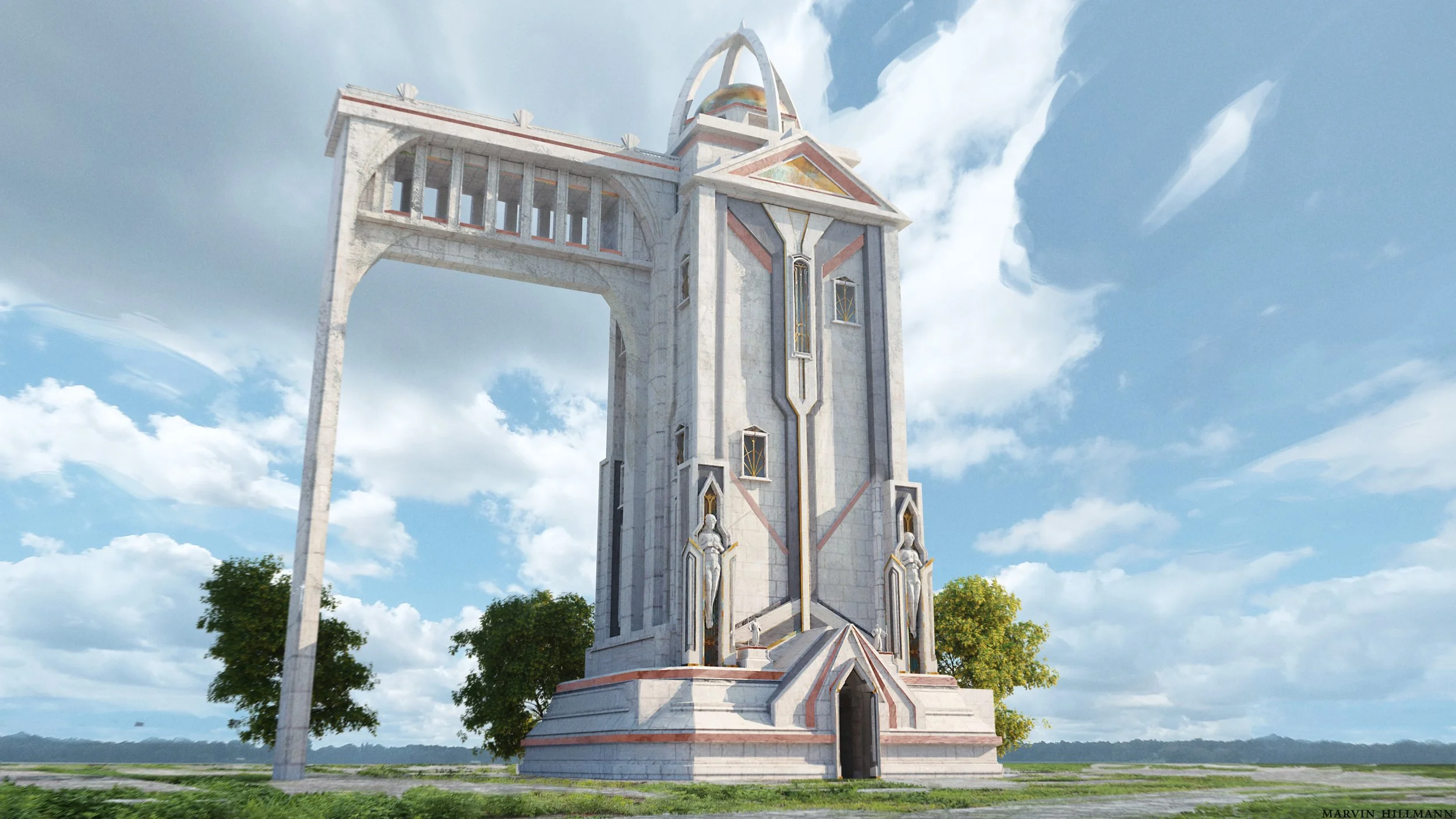 A tall, ornate tower with multiple statues and architectural details, set against a partly cloudy sky with a few trees and open grassy area at its base.
