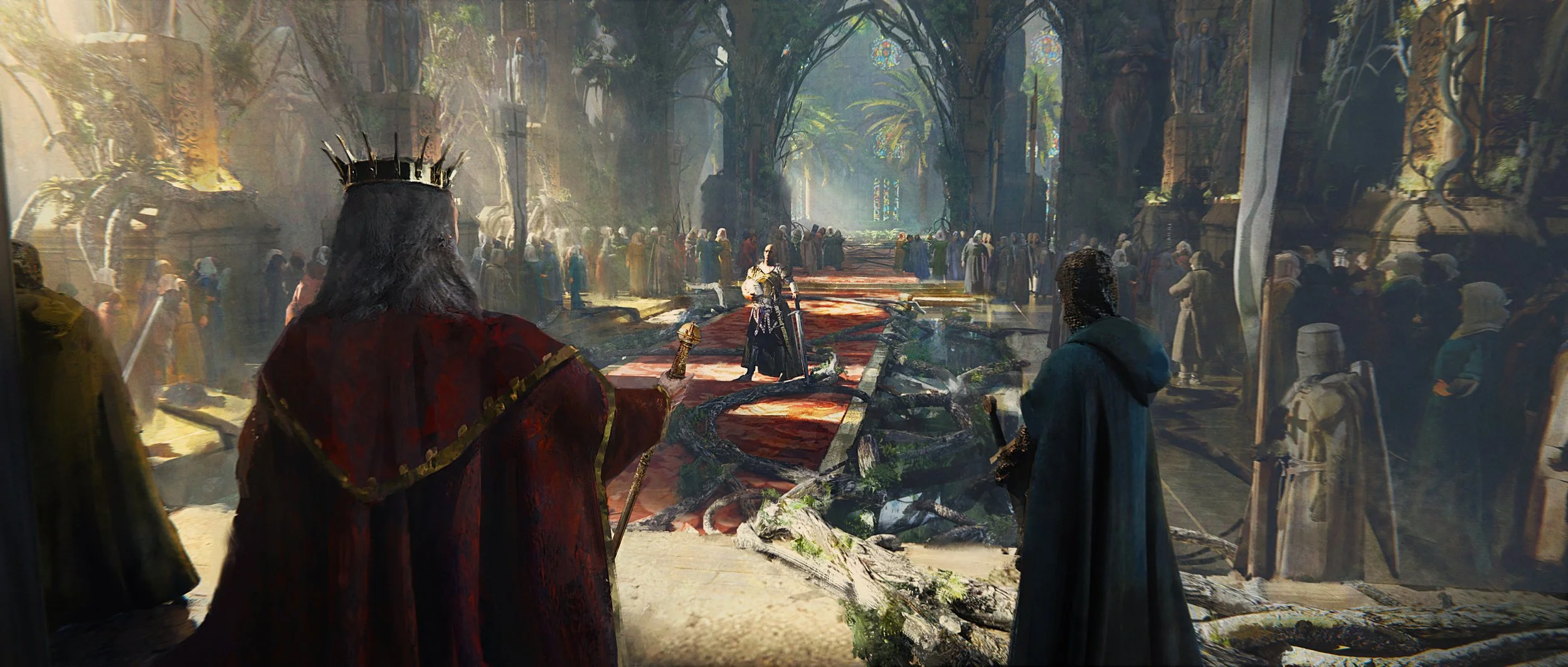 A fantasy scene depicting a grand hall with arched stained glass windows, damaged by fallen trees and debris. A regal figure with a crown and scepter stands before a kneeling warrior, surrounded by a crowd of onlookers.