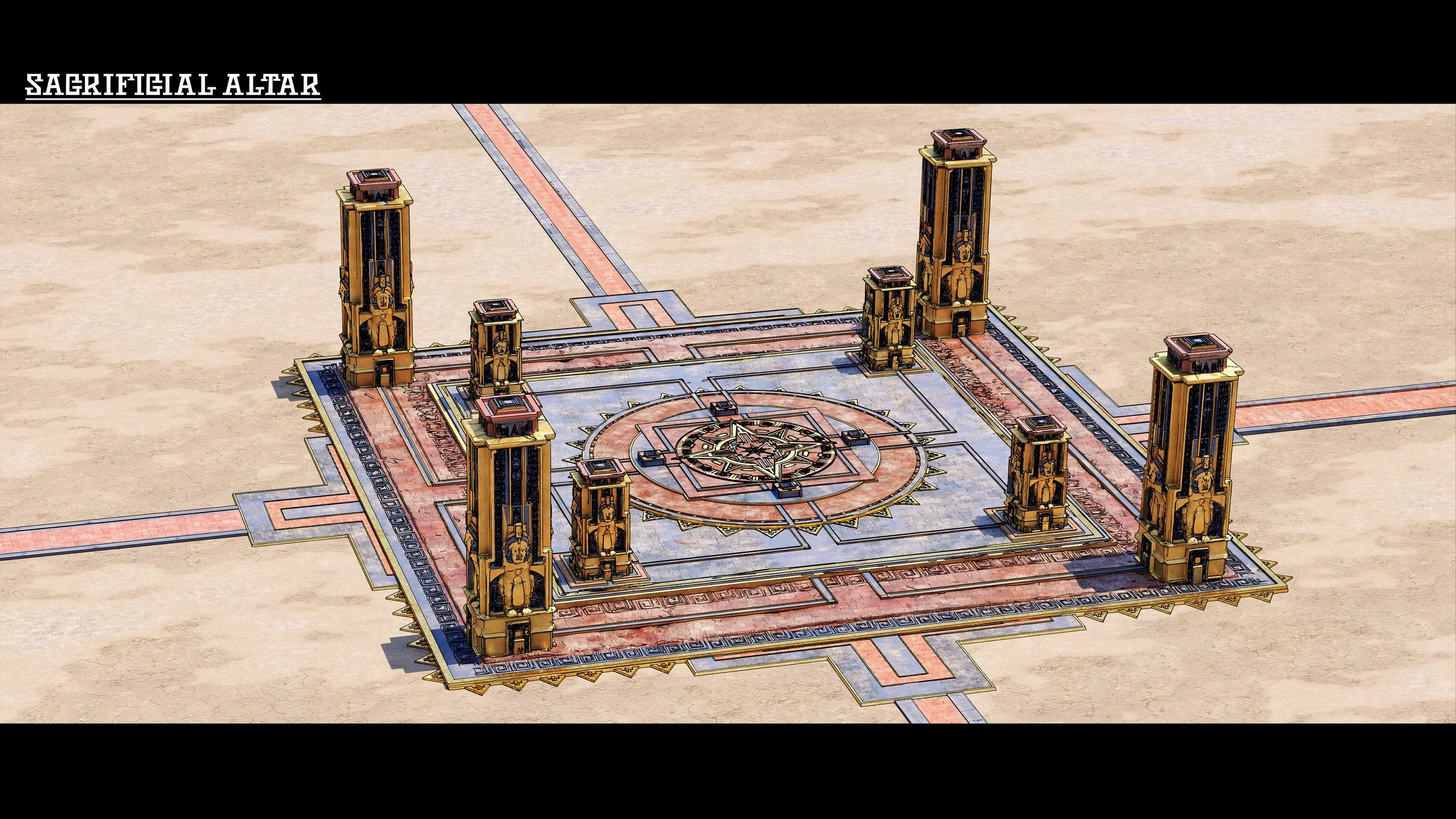 A detailed digital illustration of a sacred altar with four tall, ornate towers on each corner, set on a large tiled platform with geometric patterns. The background is a sandy landscape, and the top of the image has the text 'SACRIFICIAL ALTAR' in w