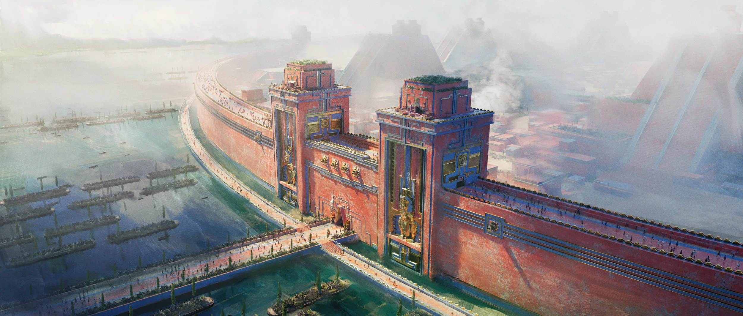 Futuristic cityscape with large red and blue structural walls, elevated walkways, and water canals with boats, overlooking a skyline with tall buildings and a cloudy sky.