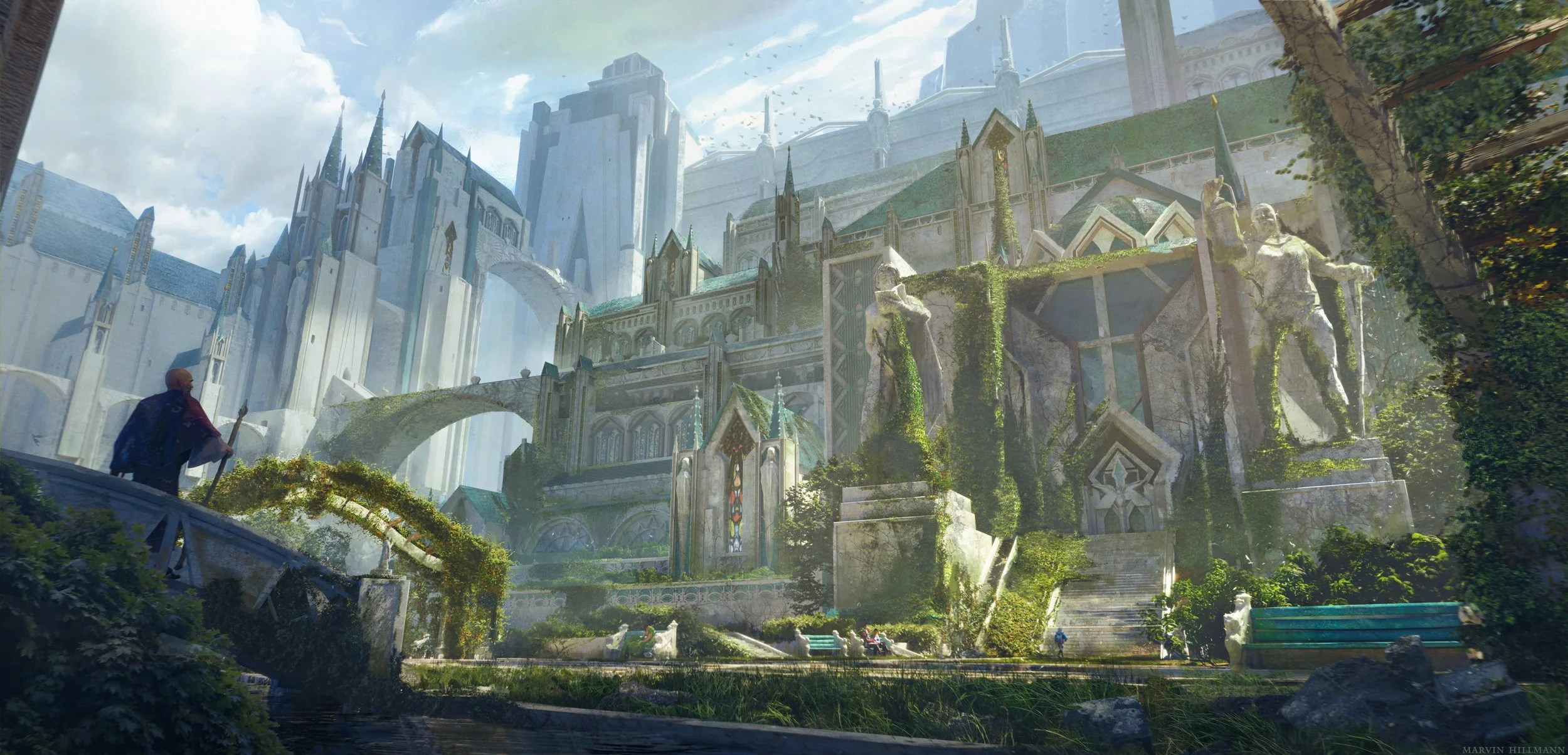 A fantasy-style city with tall, ornate buildings, statues, and lush greenery, featuring a person in a cloak standing on a bridge overlooking the scene.