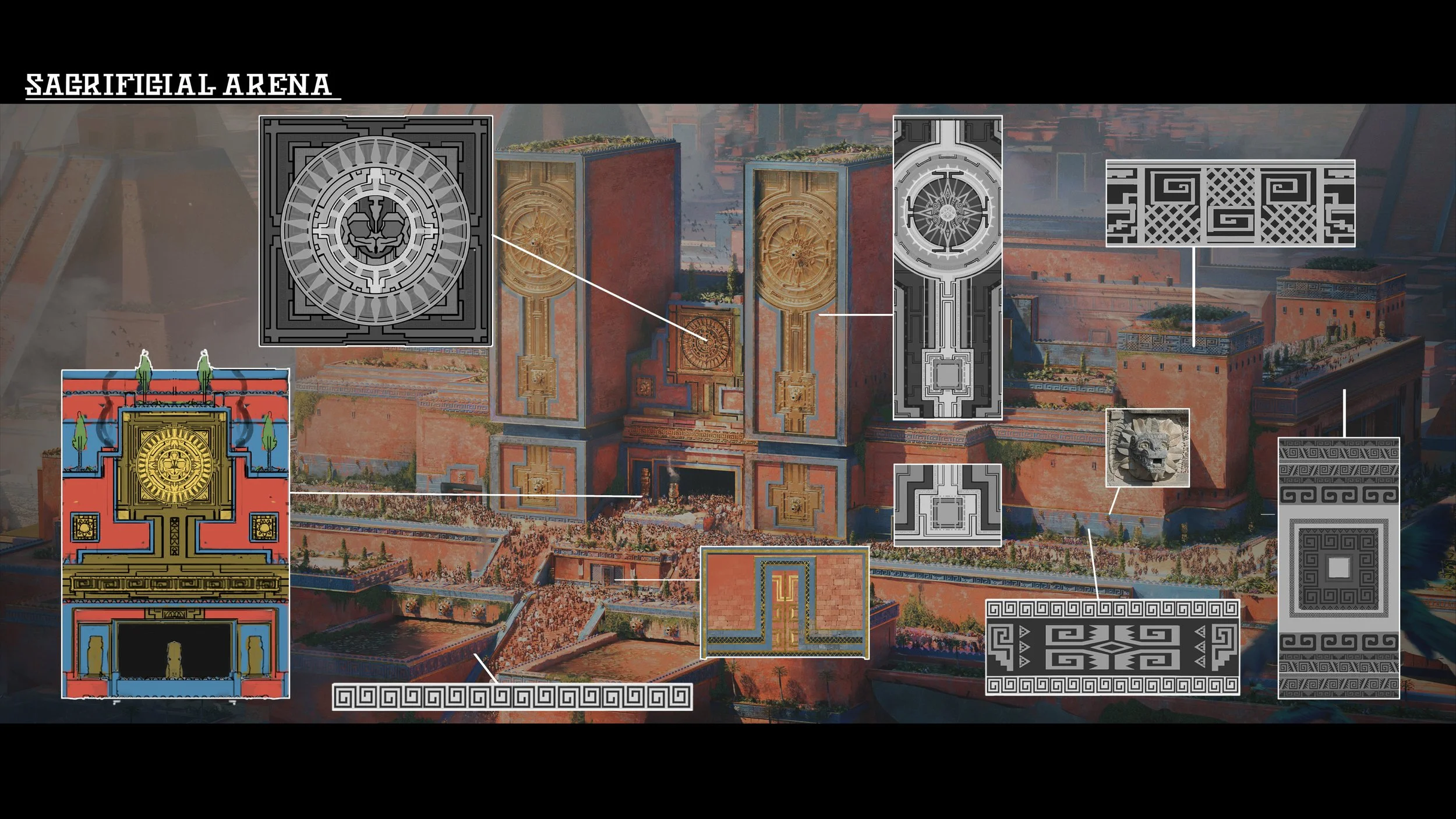 Diagram of the architecture and design elements of the Sacrificial Arena, including close-up details of the intricate patterns and sculptures, with annotations pointing to specific features like circular motifs, geometric patterns, and decorative sta