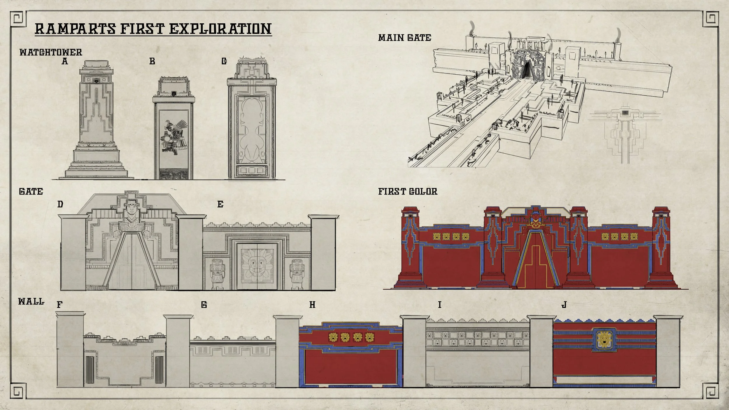 Blueprint architectural plan of a building with labeled sections including Wathtower A, B, C, Gate D, E, wall F, G, H, I, J. Illustration of the main gate at the top right, a first color decorative facade in red, blue, and yellow, and detailed wall s