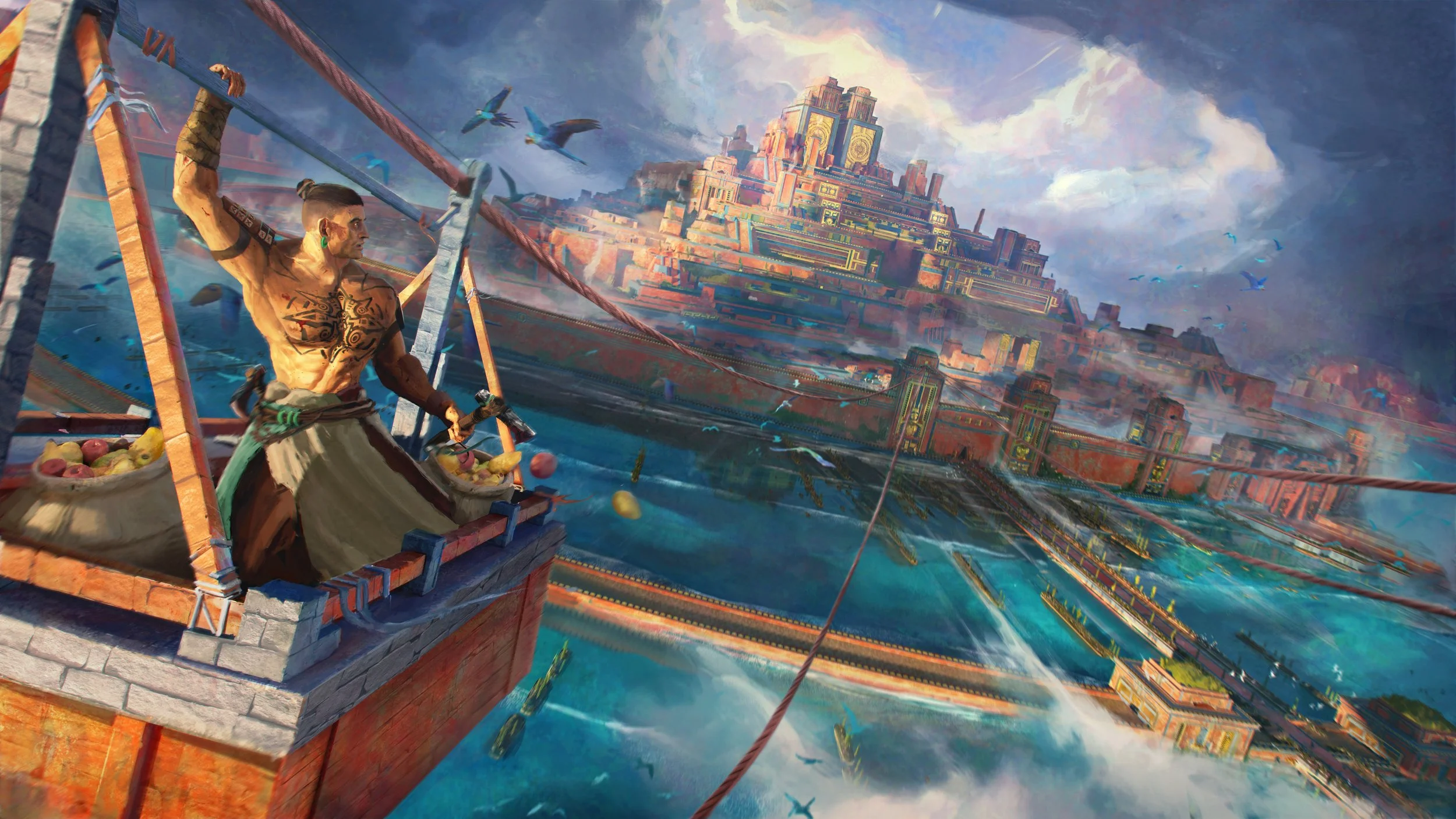 A muscular man with tattoos on his chest and back, wearing a kilt, stands on a stone balcony overlooking a futuristic city with large, tiered structures and a sprawling network of bridges and waterways, under a cloudy sky with flying birds.