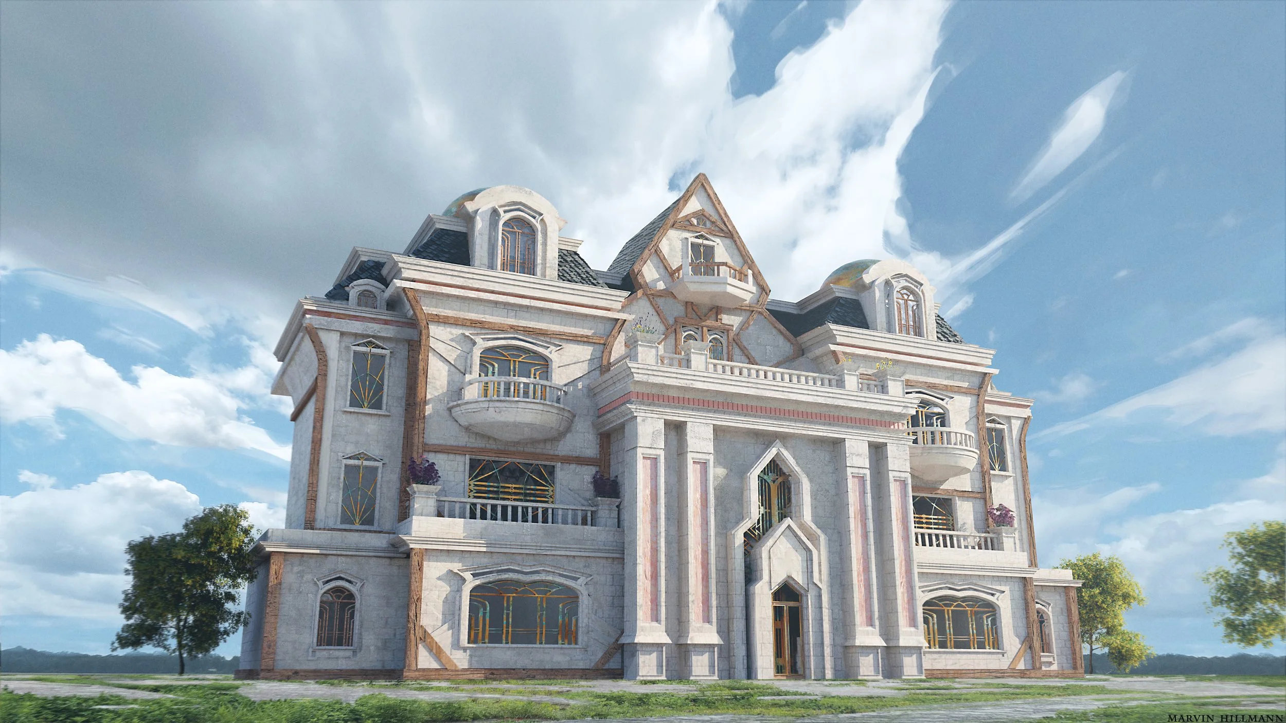 A large, multi-story castle-style house with arched windows, balconies, and towers under a partly cloudy sky.