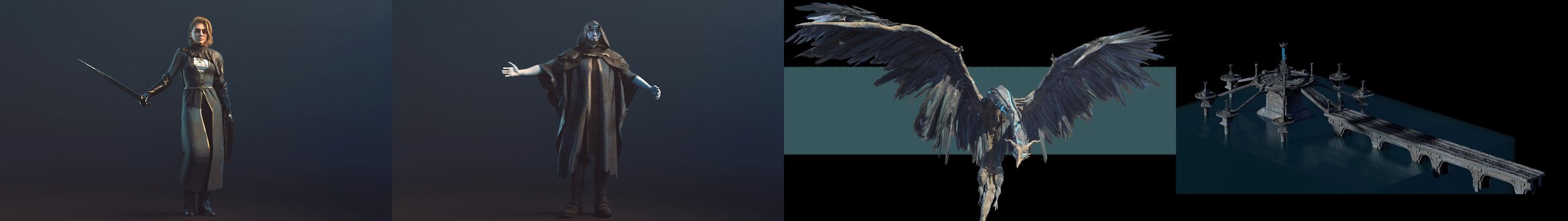 Collection of four digital art characters and creatures: a female warrior with sunglasses holding a sword, a robed figure with arms outstretched, a large bird with outstretched wings, and a futuristic bridge or structure.