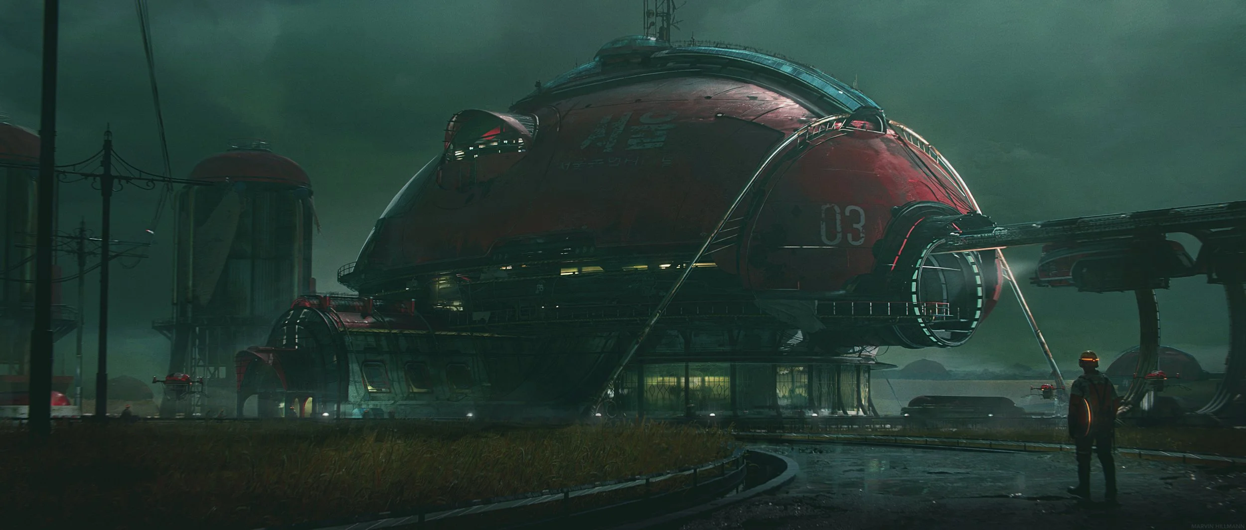 A futuristic space station with a large, red, spherical spacecraft docked outside. The station is elevated and features multiple level platforms, with a person wearing a space helmet standing nearby. The scene is set during a cloudy or overcast time,