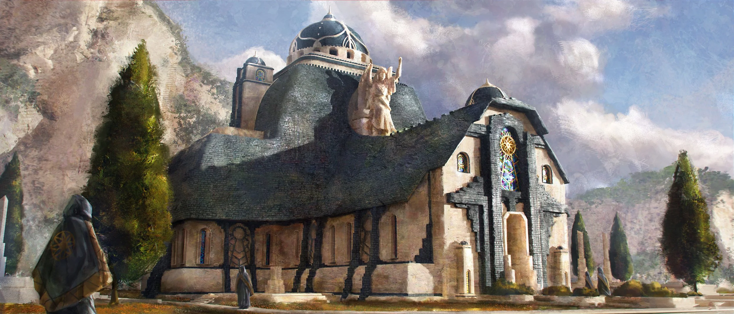 A fantasy-style church with a large angel statue on top, surrounded by tall trees and hilly landscape under a partly cloudy sky.