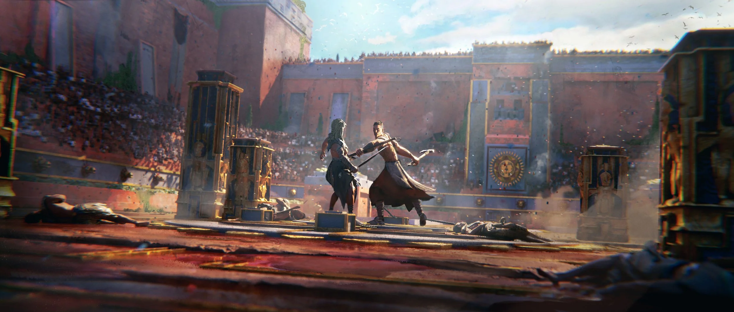 Medieval-style arena with two fighters fighting with swords amid fallen bodies and a large audience in the background.