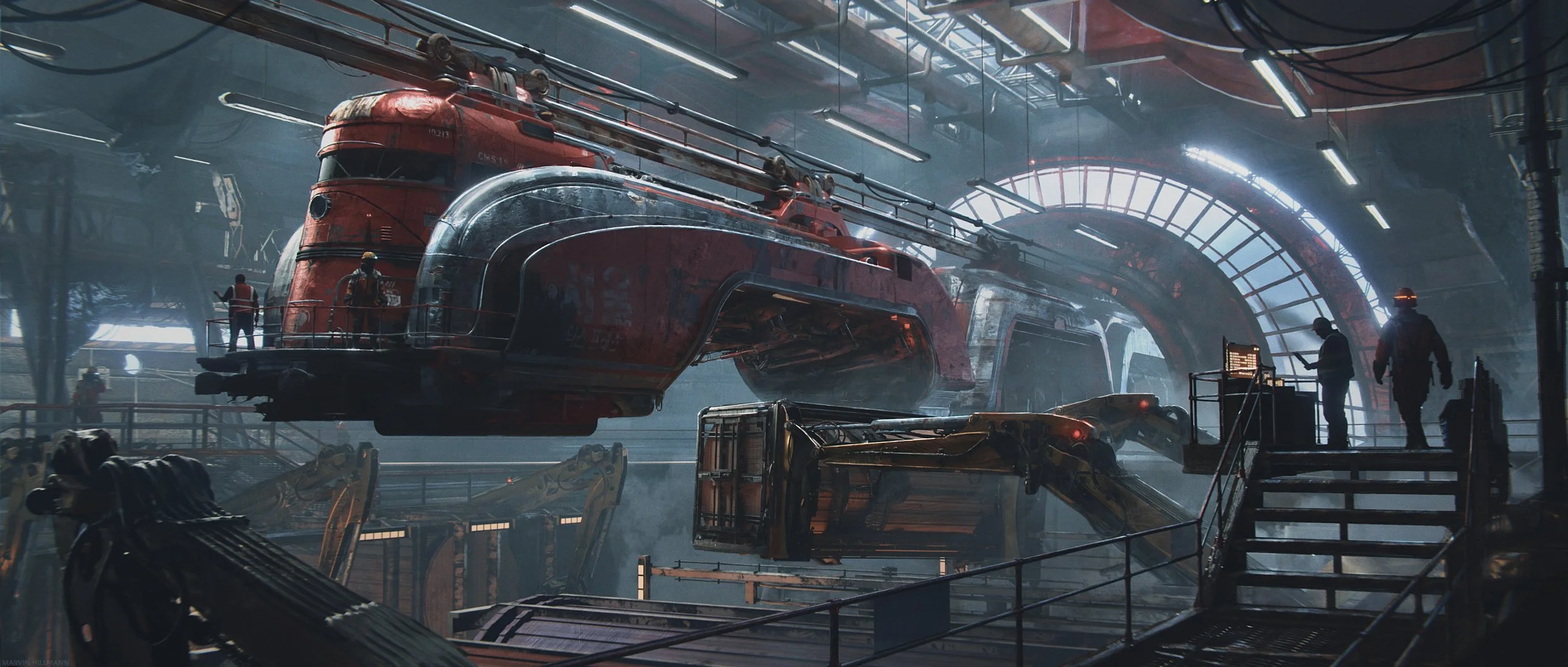 Inside a futuristic industrial facility with workers inspecting a large hovering helicopter and robotic arms, featuring a domed window ceiling and metallic structures.