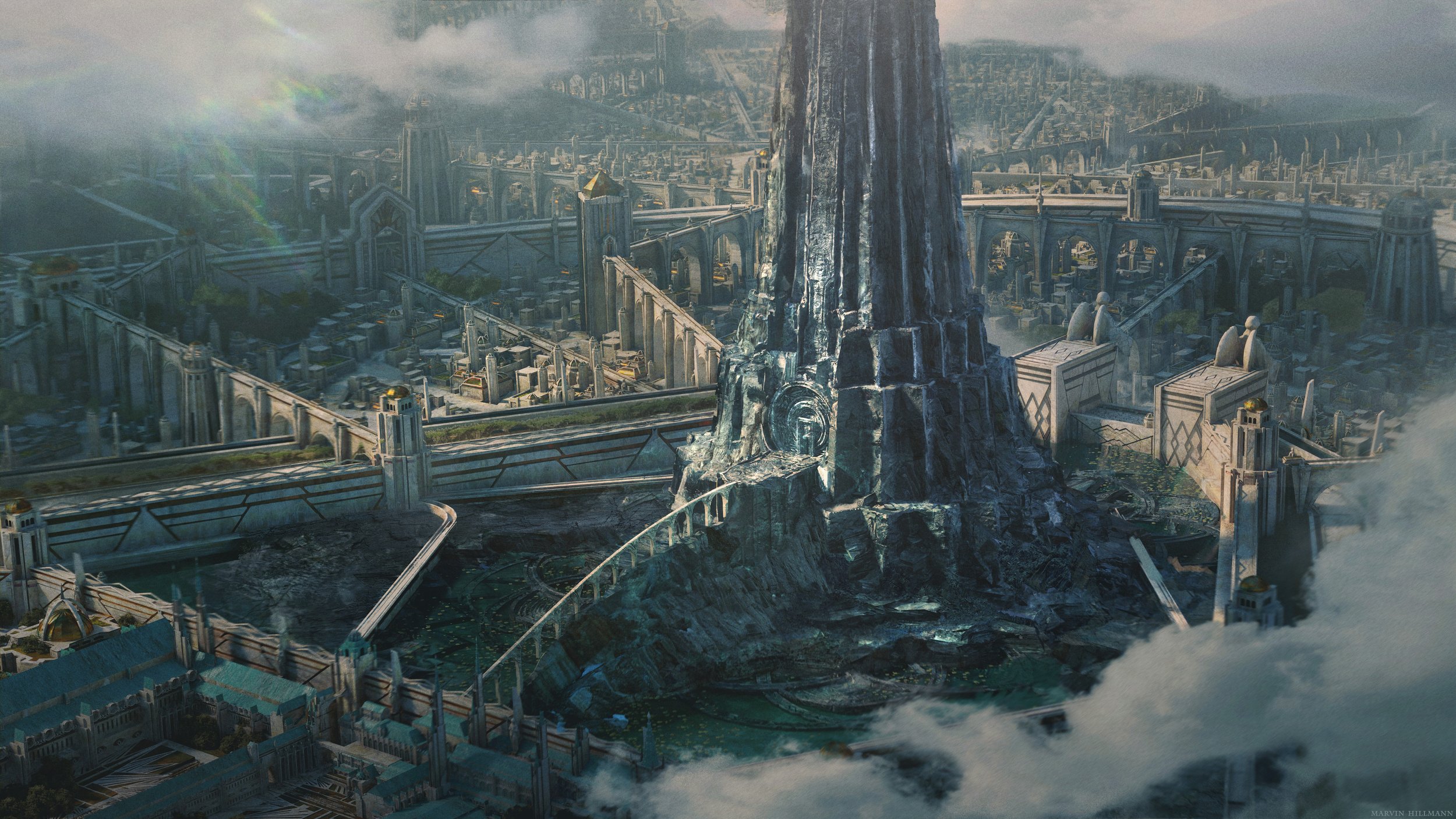 A futuristic city with tall, towering structures and a large rock formation in the center. The city is surrounded by bridges and walls, with mist or clouds at the bottom.