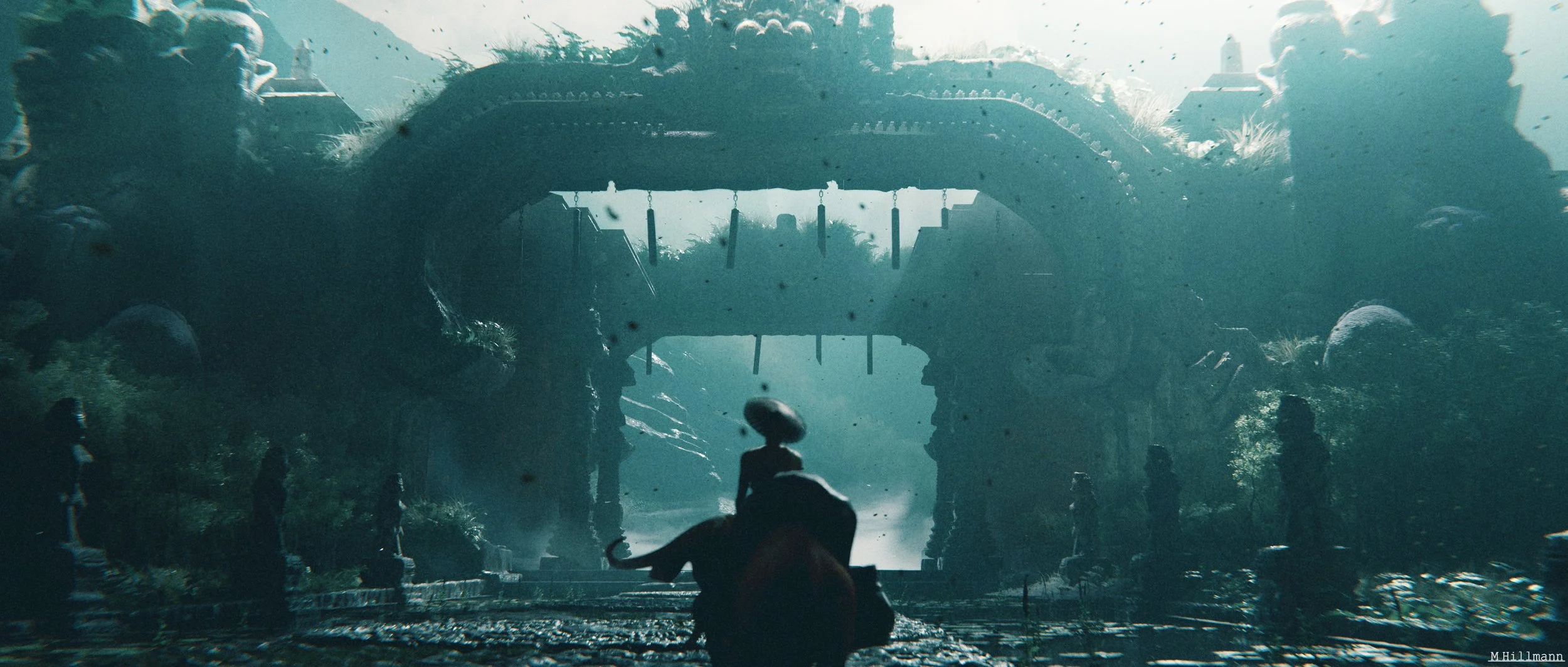 A scene from a movie featuring a silhouetted figure riding a horse in front of a large, ancient, vine-covered stone archway, surrounded by statues and ruins, with a misty background.