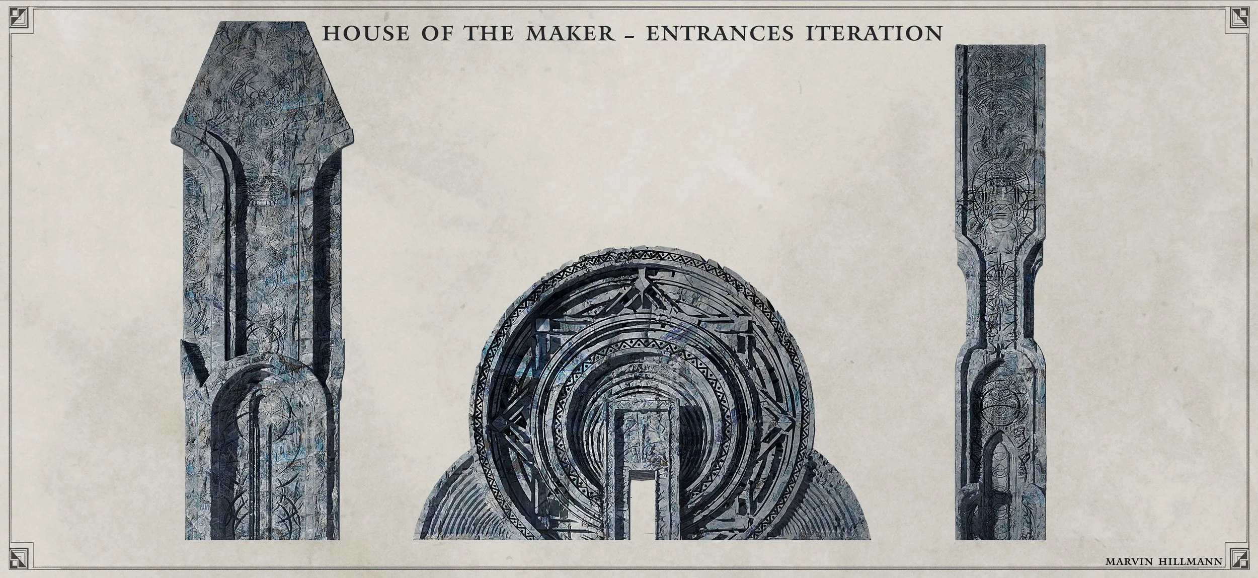 Architectural drawing titled 'House of the Maker - Entrances Iteration' showing three stylized, intricate structural designs, including two vertical, elongated elements on the sides and a circular, maze-like structure in the center.